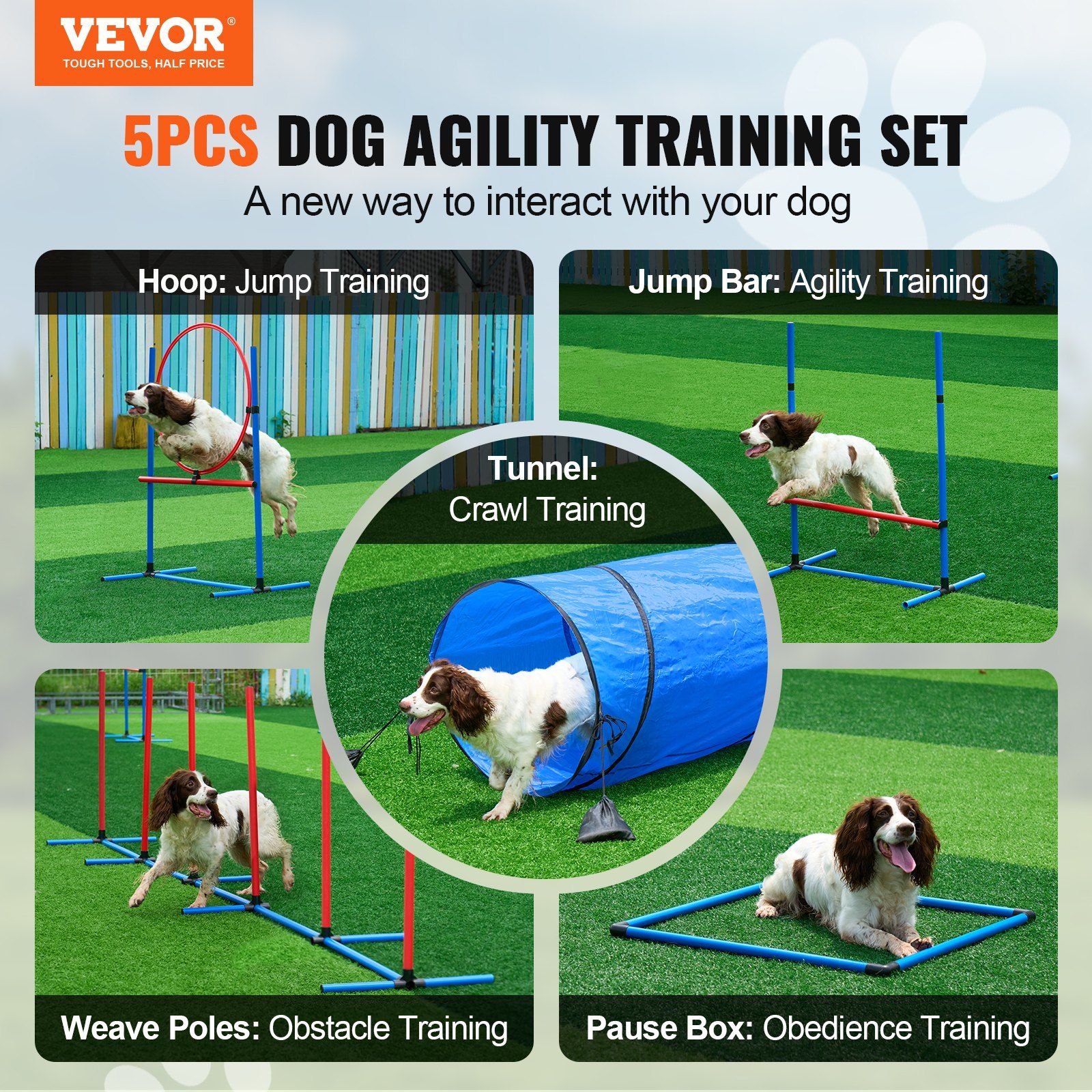 Dog Agility Training Equipment, 5 PCS Set with Adjustable High Hurdles,6 Weave Poles, Tunnel, Jump Ring, Pause Box, Whistle, Foldable Bowl, Puppy Obstacle Course Kit with Storage Bags - Image 2