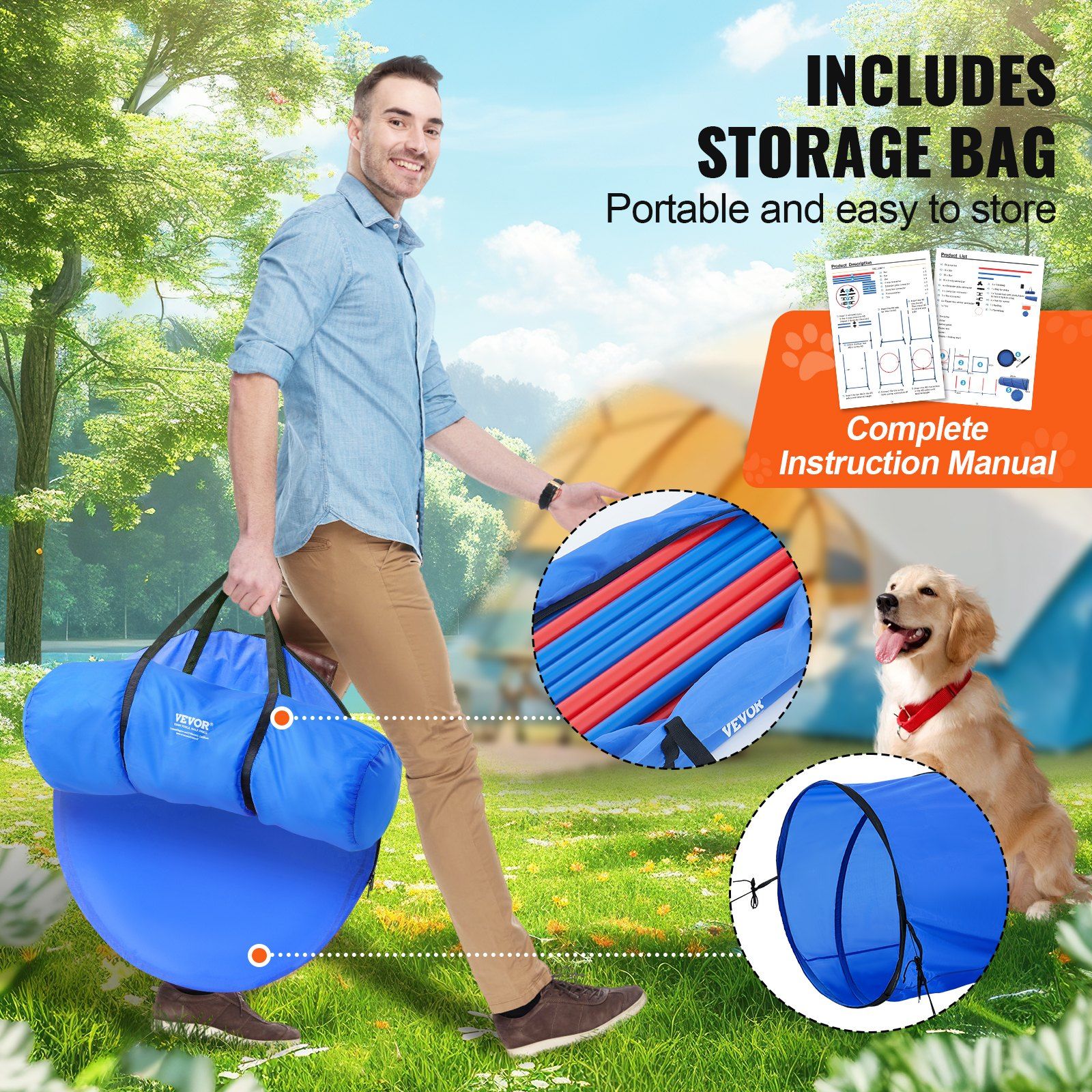 Dog Agility Training Equipment, 5 PCS Set with Adjustable High Hurdles,6 Weave Poles, Tunnel, Jump Ring, Pause Box, Whistle, Foldable Bowl, Puppy Obstacle Course Kit with Storage Bags - Image 5