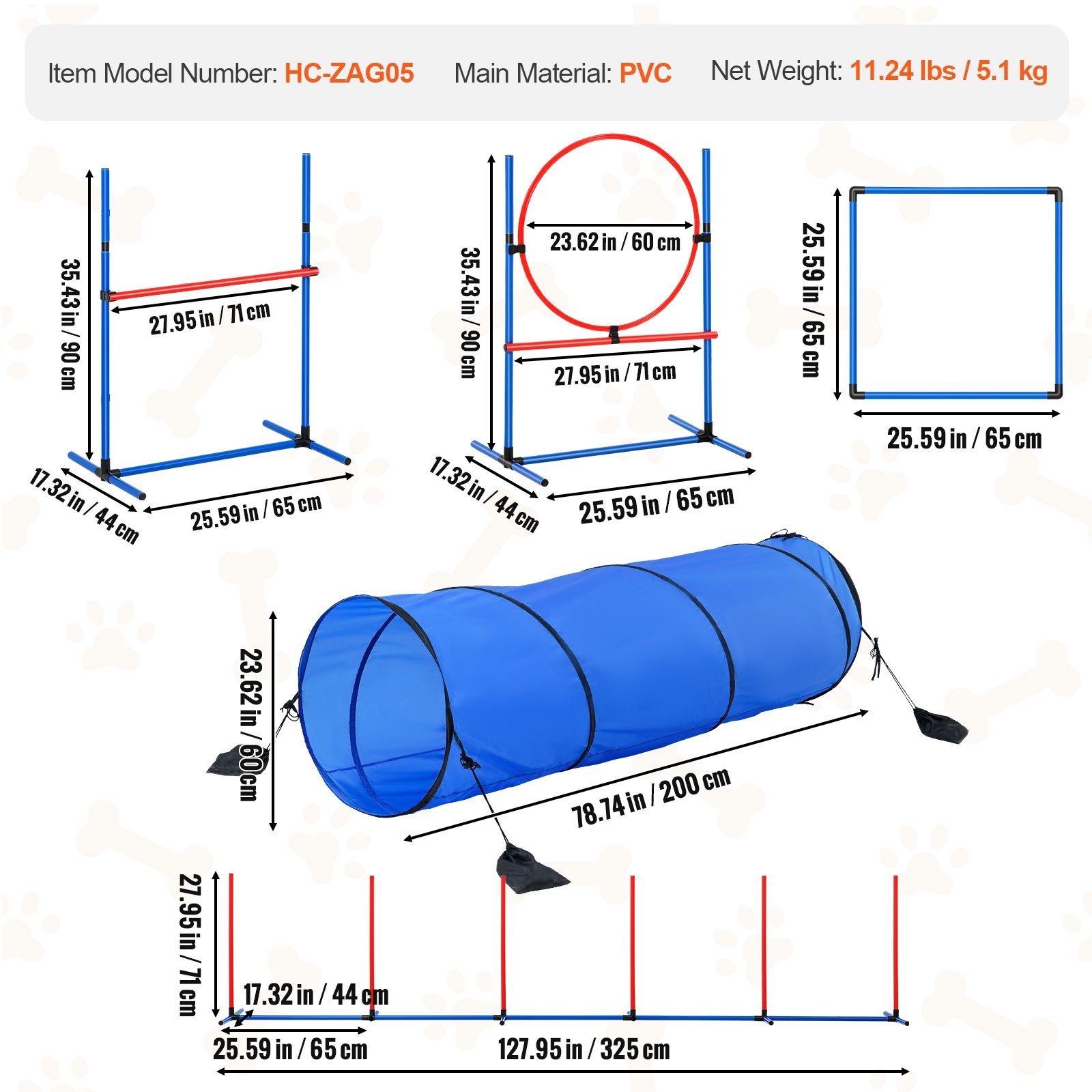 Dog Agility Training Equipment, 5 PCS Set with Adjustable High Hurdles,6 Weave Poles, Tunnel, Jump Ring, Pause Box, Whistle, Foldable Bowl, Puppy Obstacle Course Kit with Storage Bags - Image 7