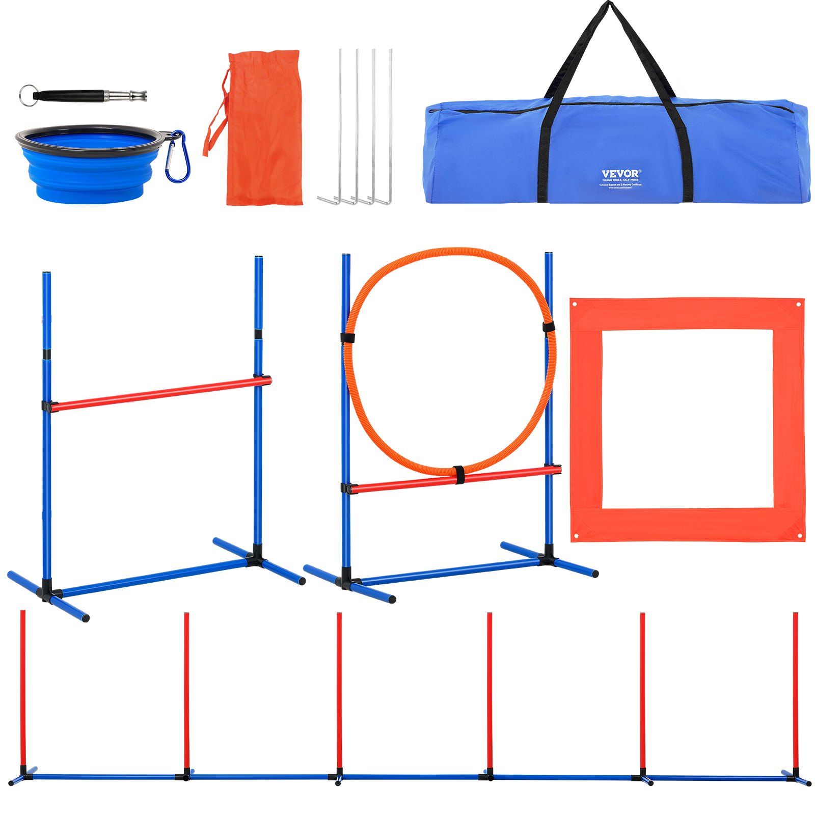 Dog Agility Training Equipment, 4 PCS Set with Adjustable High Hurdles,6 Weave Poles,Jump Ring,Square Pause Box,Whistle,Foldable Bowl, Puppy Obstacle Course Kit for Backyard, Indoor, Outdoor - Image 1