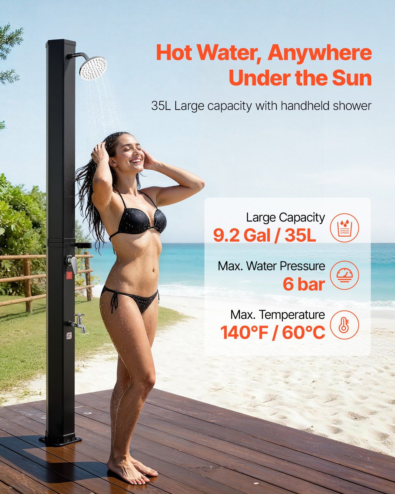35L Solar Heated Shower, 195cm Showerhead Height Outdoor Shower, with Foot Faucet & Soap Box Rack, Hot & Cold Water Adjustment, Freestanding for Backyard Poolside Beach Pool,Black - Image 2