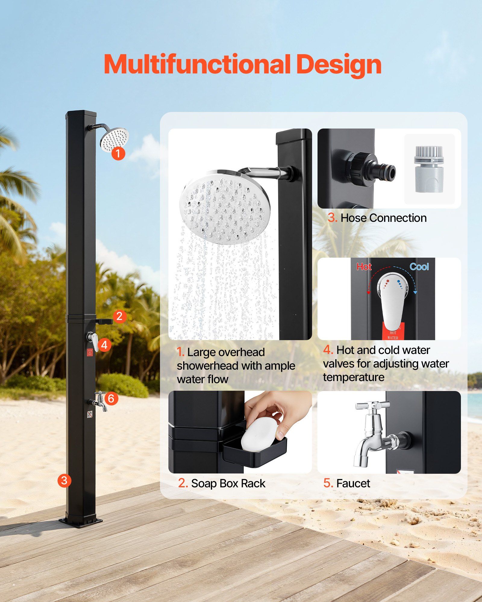 35L Solar Heated Shower, 195cm Showerhead Height Outdoor Shower, with Foot Faucet & Soap Box Rack, Hot & Cold Water Adjustment, Freestanding for Backyard Poolside Beach Pool,Black - Image 3