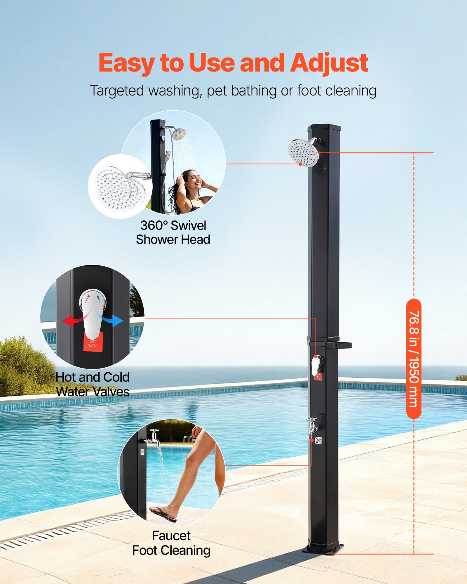35L Solar Heated Shower, 195cm Showerhead Height Outdoor Shower, with Foot Faucet & Soap Box Rack, Hot & Cold Water Adjustment, Freestanding for Backyard Poolside Beach Pool,Black - Image 4
