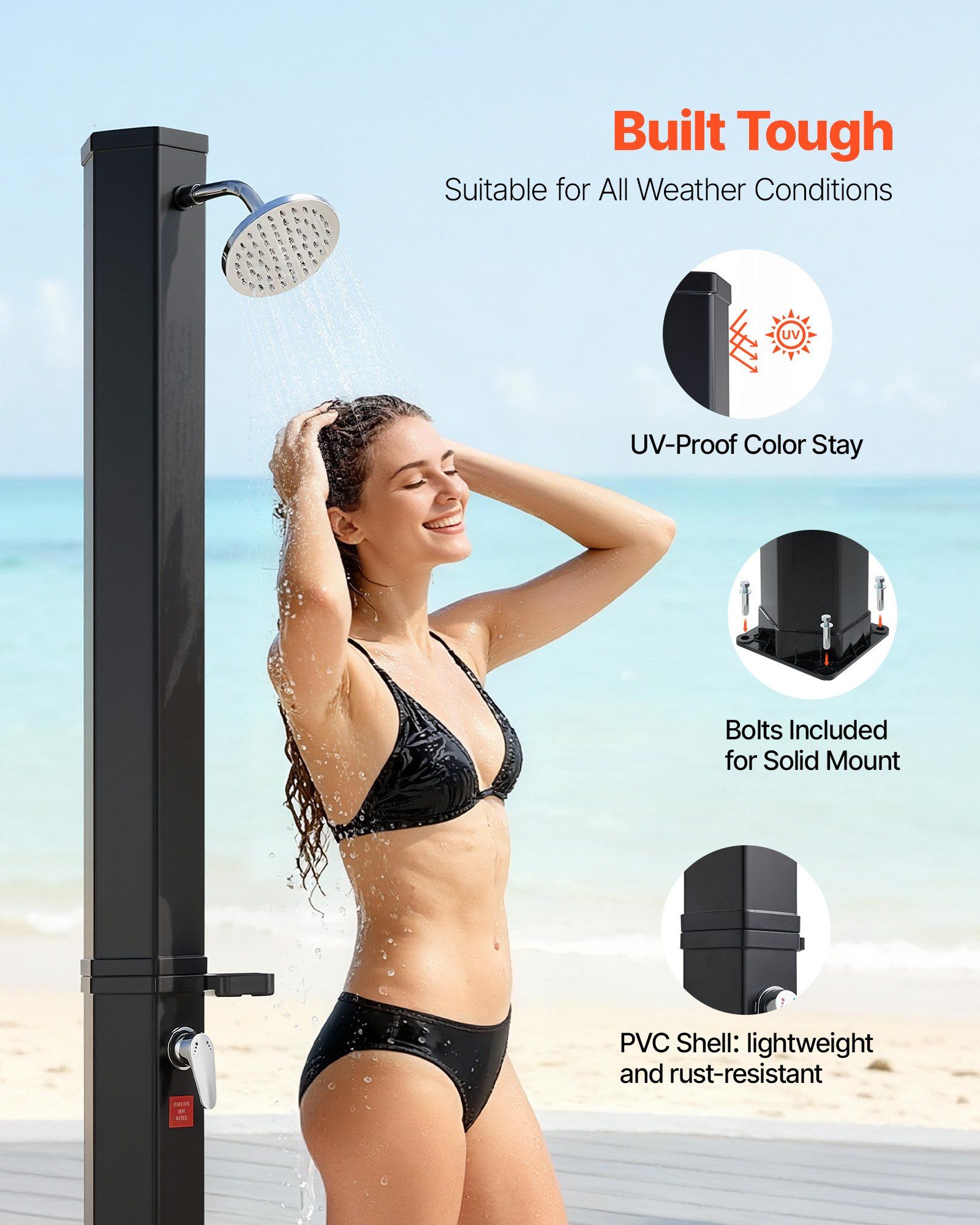 35L Solar Heated Shower, 195cm Showerhead Height Outdoor Shower, with Foot Faucet & Soap Box Rack, Hot & Cold Water Adjustment, Freestanding for Backyard Poolside Beach Pool,Black - Image 5