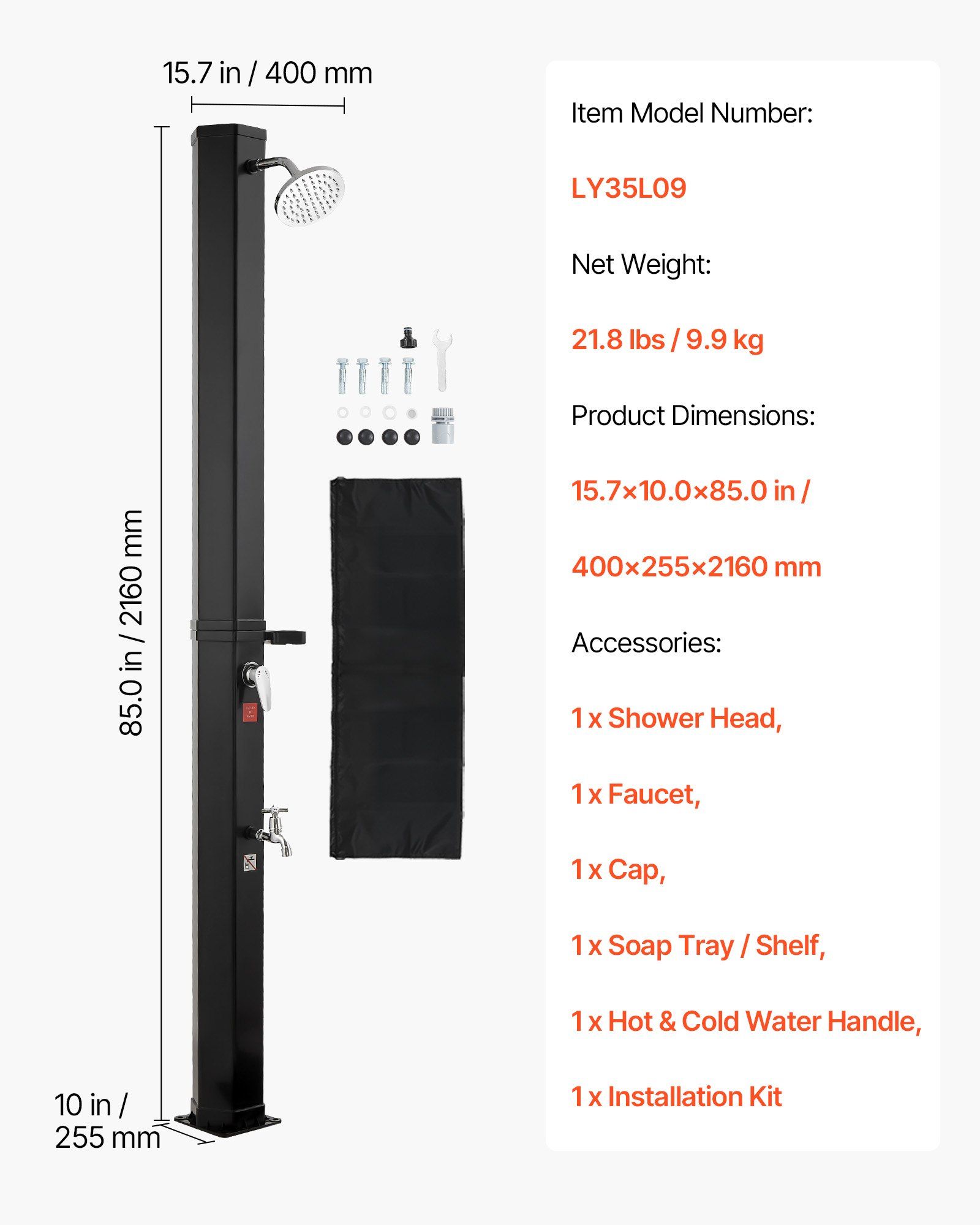 35L Solar Heated Shower, 195cm Showerhead Height Outdoor Shower, with Foot Faucet & Soap Box Rack, Hot & Cold Water Adjustment, Freestanding for Backyard Poolside Beach Pool,Black - Image 7