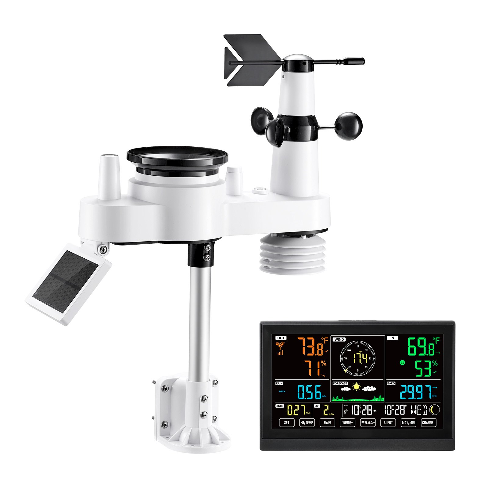 7-in-1 Wireless Weather Station, 190.5 mm VA Display, Solar Powered Outdoor Sensor, Rain Gauge, Indoor Outdoor for Weather Forecast, Temperature, Humidity, Wind Speed and Direction (No WiFi) - Image 1