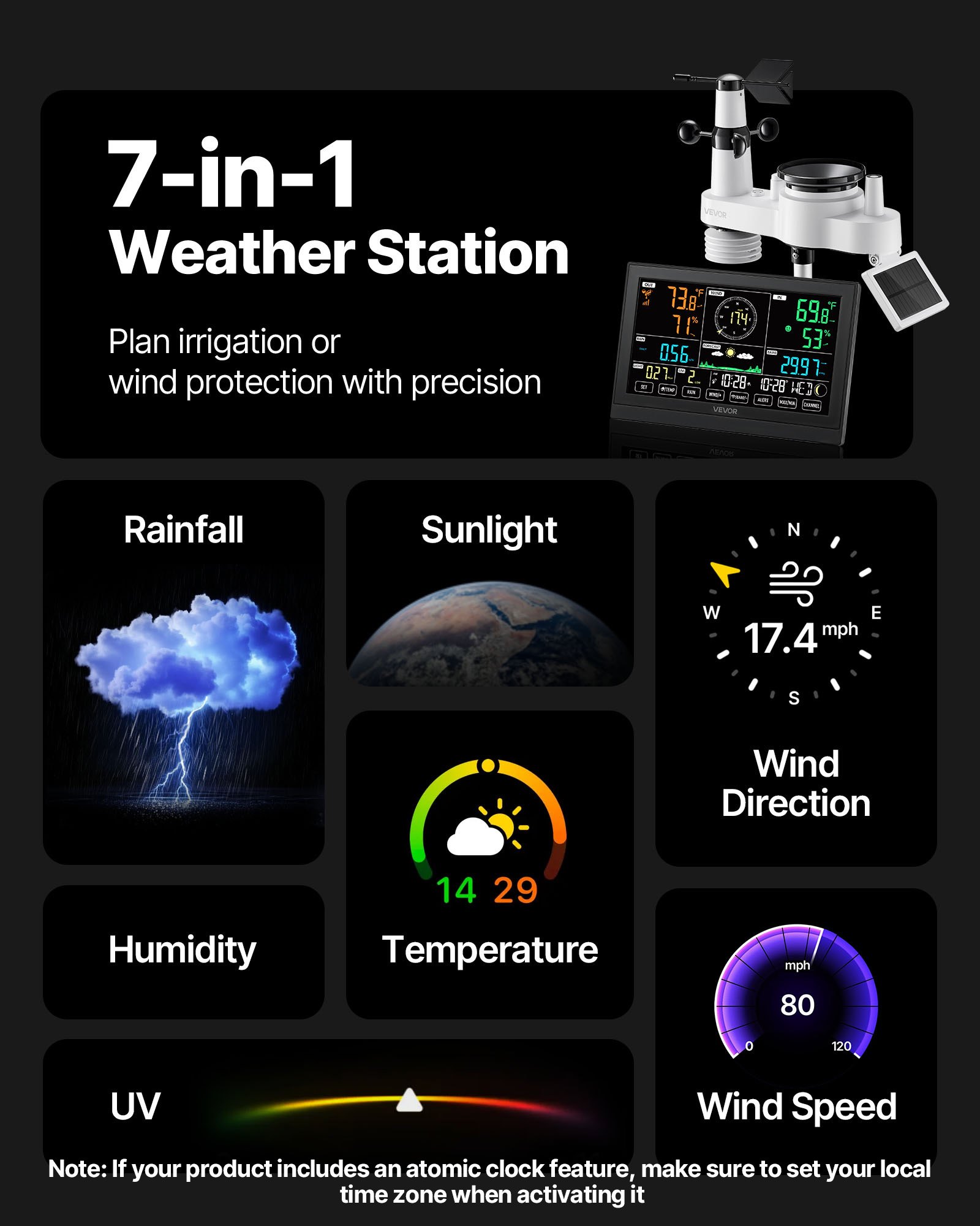 7-in-1 Wireless Weather Station, 190.5 mm VA Display, Solar Powered Outdoor Sensor, Rain Gauge, Indoor Outdoor for Weather Forecast, Temperature, Humidity, Wind Speed and Direction (No WiFi) - Image 2