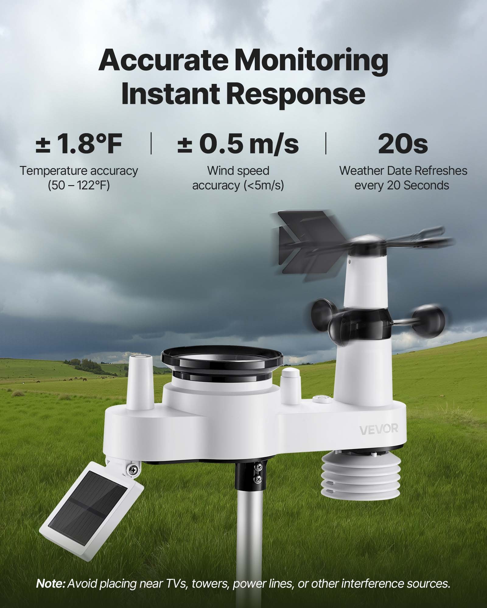 7-in-1 Wireless Weather Station, 190.5 mm VA Display, Solar Powered Outdoor Sensor, Rain Gauge, Indoor Outdoor for Weather Forecast, Temperature, Humidity, Wind Speed and Direction (No WiFi) - Image 3