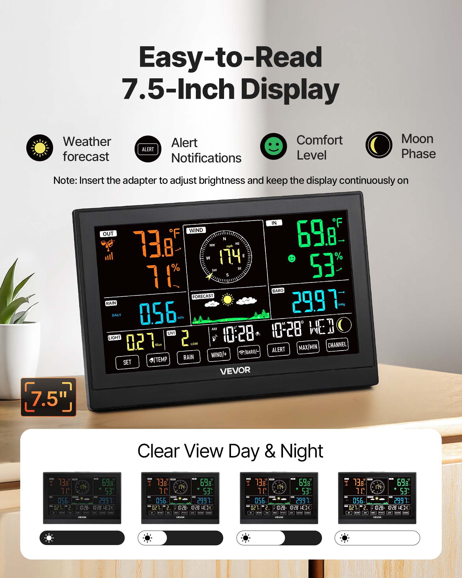7-in-1 Wireless Weather Station, 190.5 mm VA Display, Solar Powered Outdoor Sensor, Rain Gauge, Indoor Outdoor for Weather Forecast, Temperature, Humidity, Wind Speed and Direction (No WiFi) - Image 4