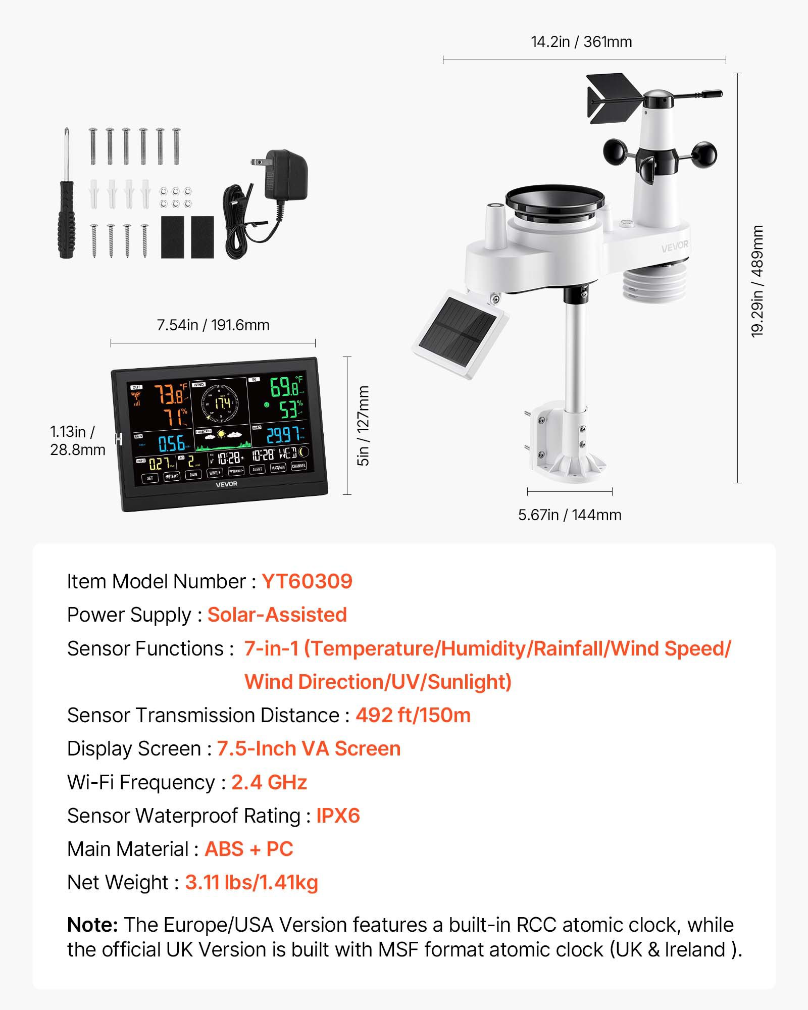 7-in-1 Wireless Weather Station, 190.5 mm VA Display, Solar Powered Outdoor Sensor, Rain Gauge, Indoor Outdoor for Weather Forecast, Temperature, Humidity, Wind Speed and Direction (No WiFi) - Image 6