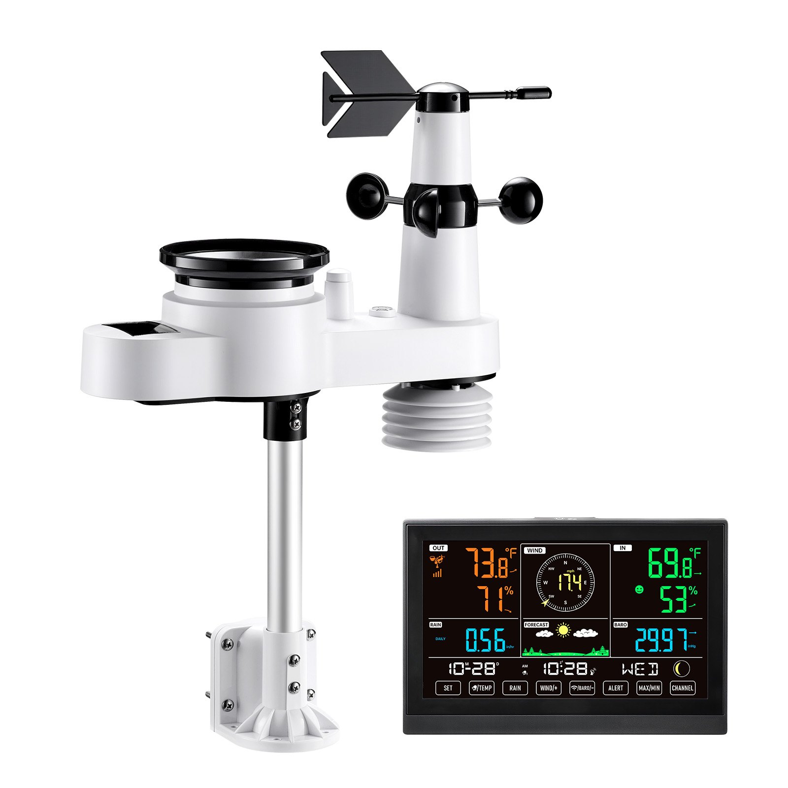 5-in-1 Wireless Weather Station, 190.5 mm VA Display, Solar Powered Outdoor Sensor, Rain Gauge, Indoor Outdoor for Weather Forecast, Temperature, Humidity, Wind Speed and Direction (No WiFi) - Image 1