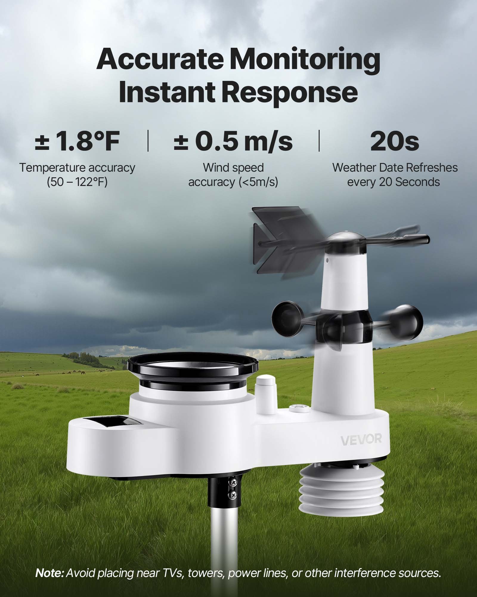 5-in-1 Wireless Weather Station, 190.5 mm VA Display, Solar Powered Outdoor Sensor, Rain Gauge, Indoor Outdoor for Weather Forecast, Temperature, Humidity, Wind Speed and Direction (No WiFi) - Image 3