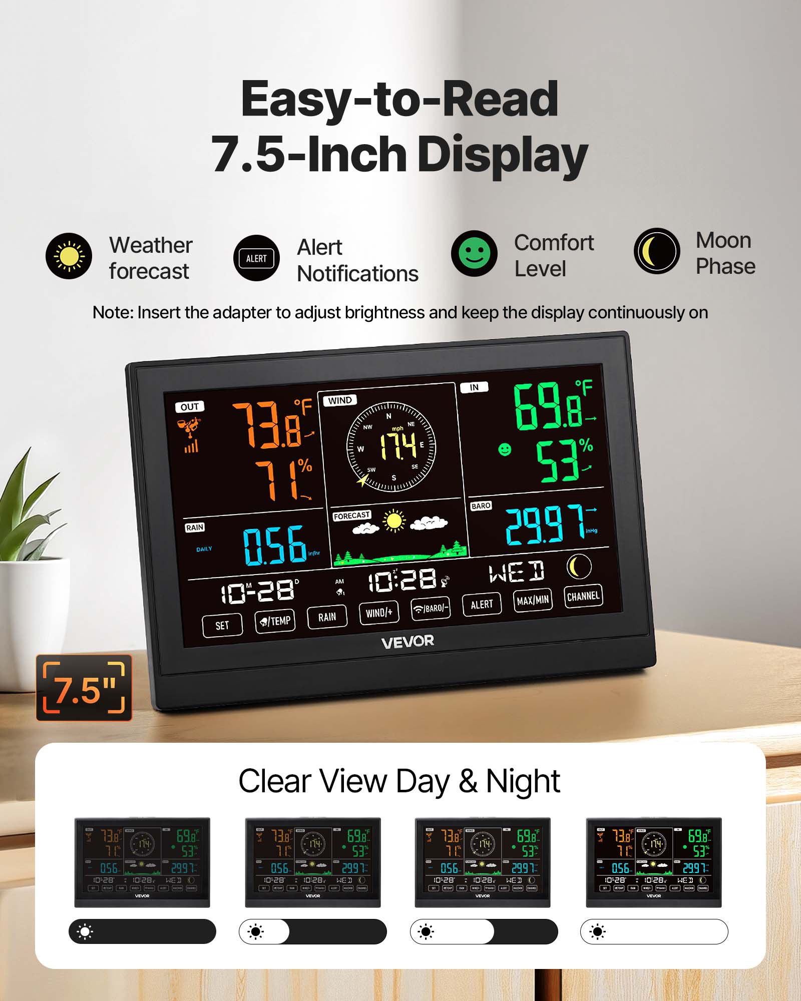5-in-1 Wireless Weather Station, 190.5 mm VA Display, Solar Powered Outdoor Sensor, Rain Gauge, Indoor Outdoor for Weather Forecast, Temperature, Humidity, Wind Speed and Direction (No WiFi) - Image 4
