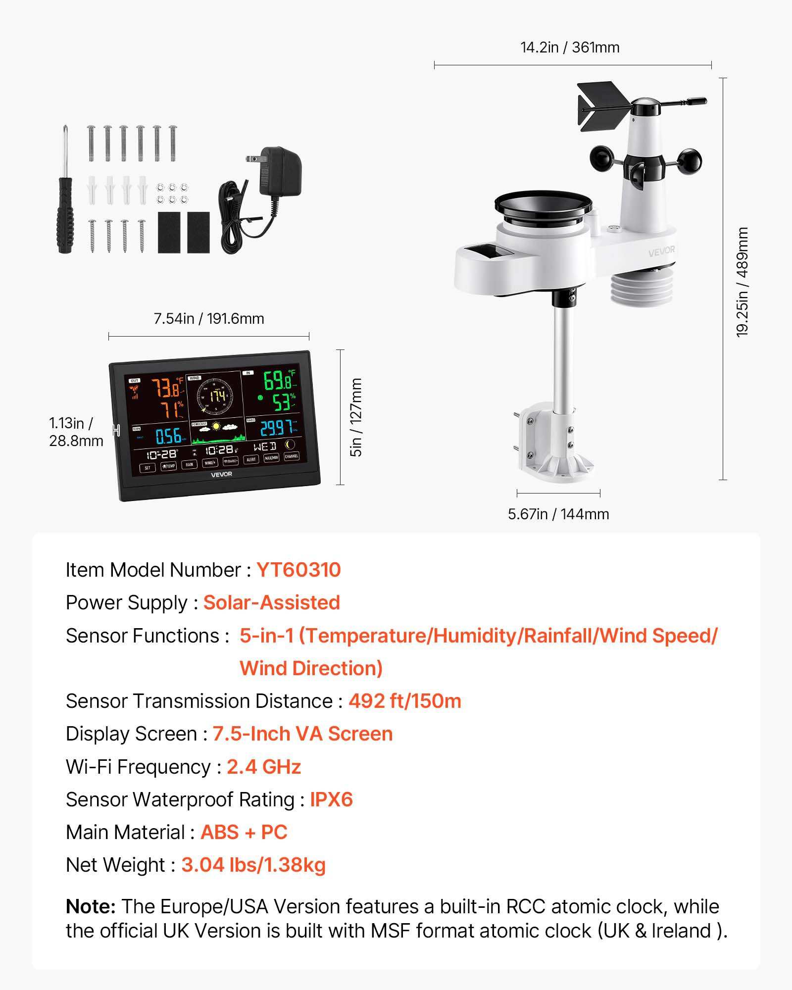 5-in-1 Wireless Weather Station, 190.5 mm VA Display, Solar Powered Outdoor Sensor, Rain Gauge, Indoor Outdoor for Weather Forecast, Temperature, Humidity, Wind Speed and Direction (No WiFi) - Image 6