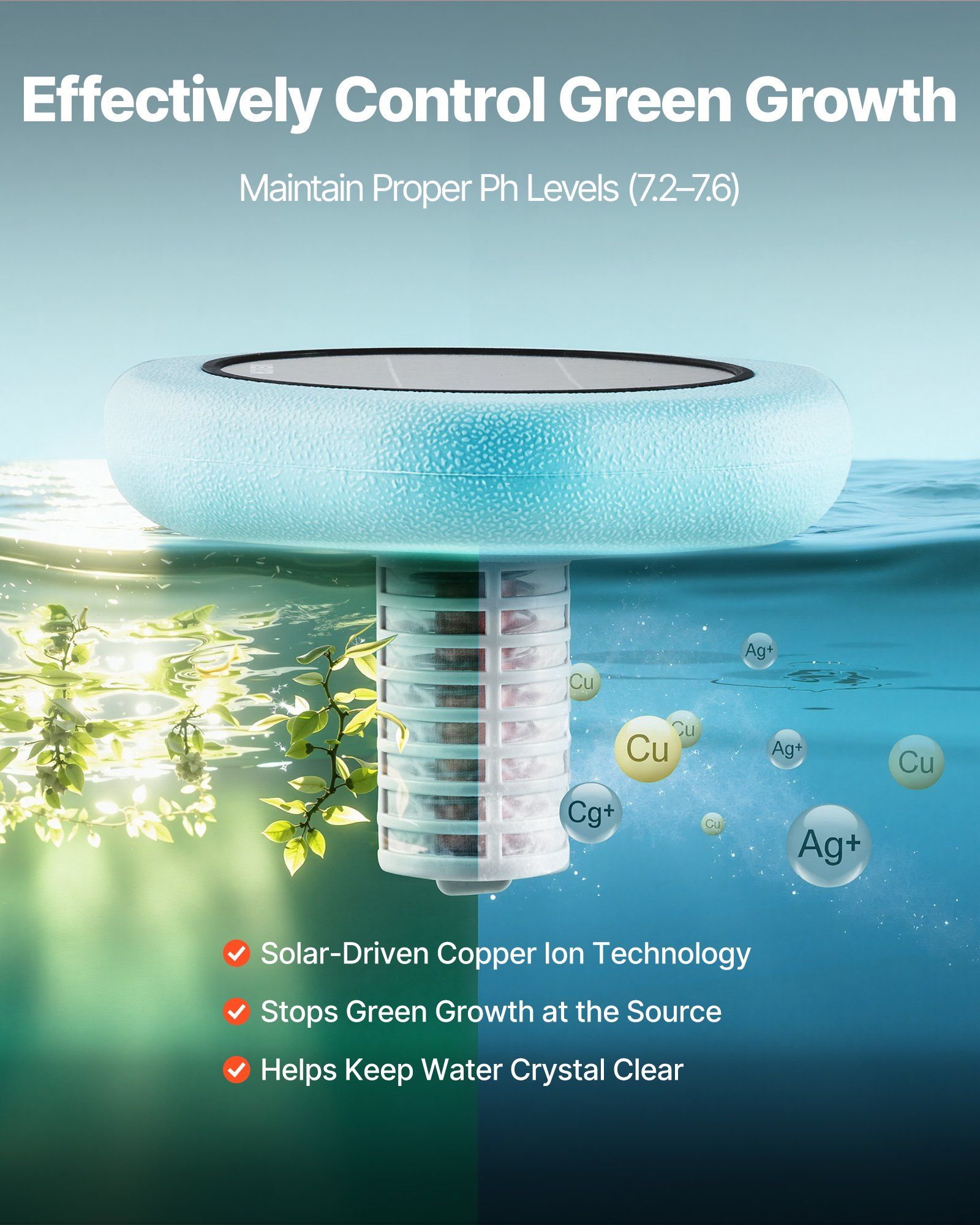 Solar Pool Ionizer, Hexagon Copper Pool Ionizer Up to 170343 L, Floating Automatic Water Cleaner and Purifier, Chlorine Free Water, with Copper Anode, Spring, Brush and Filter for Pools & Spas - Image 3