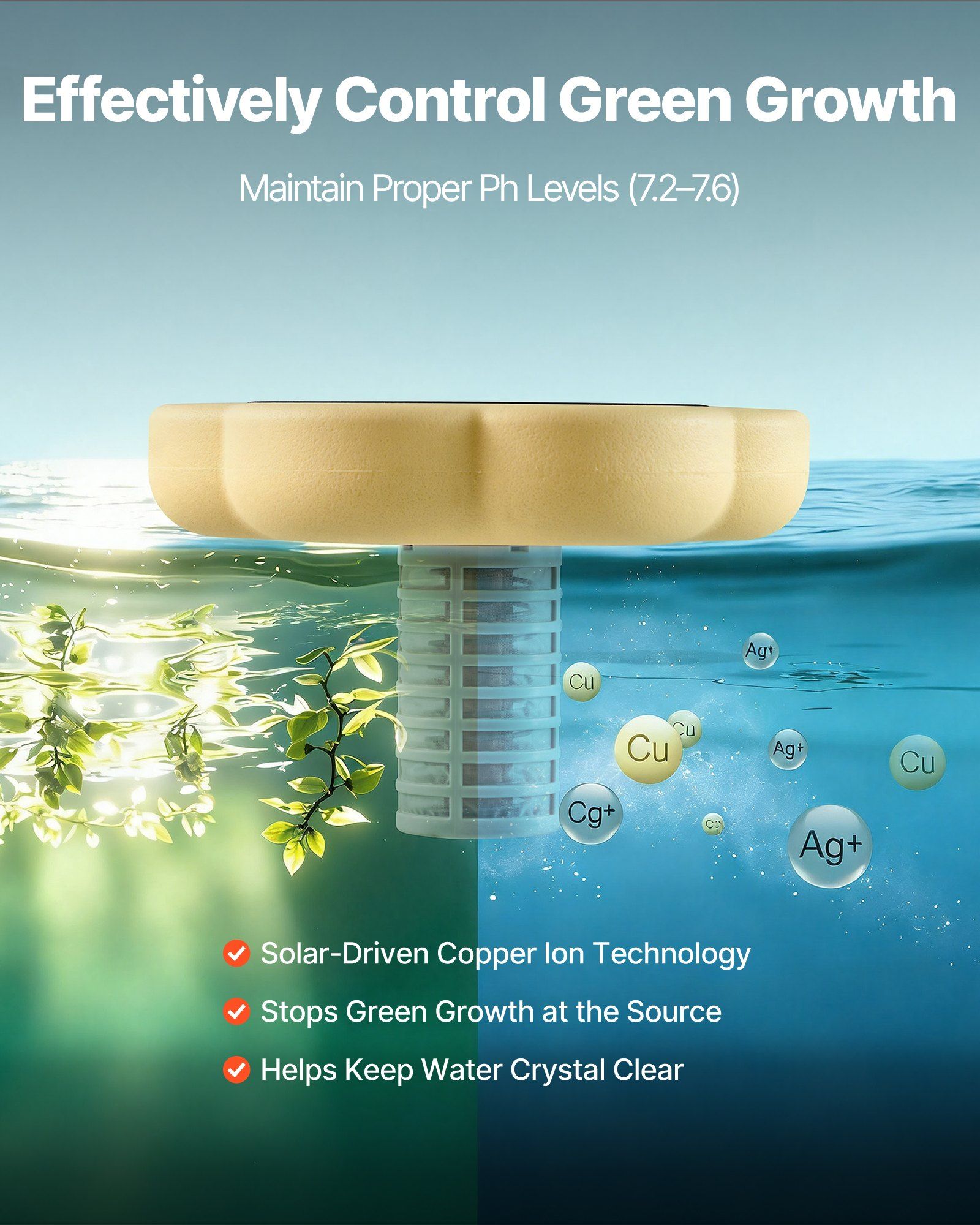 Solar Pool Ionizer, Petal Copper Pool Ionizer Up to 170343 L, Floating Automatic Water Cleaner and Purifier, Chlorine Free Water, with Copper Anode, Spring, Brush and Filter for Pools & Spas - Image 3
