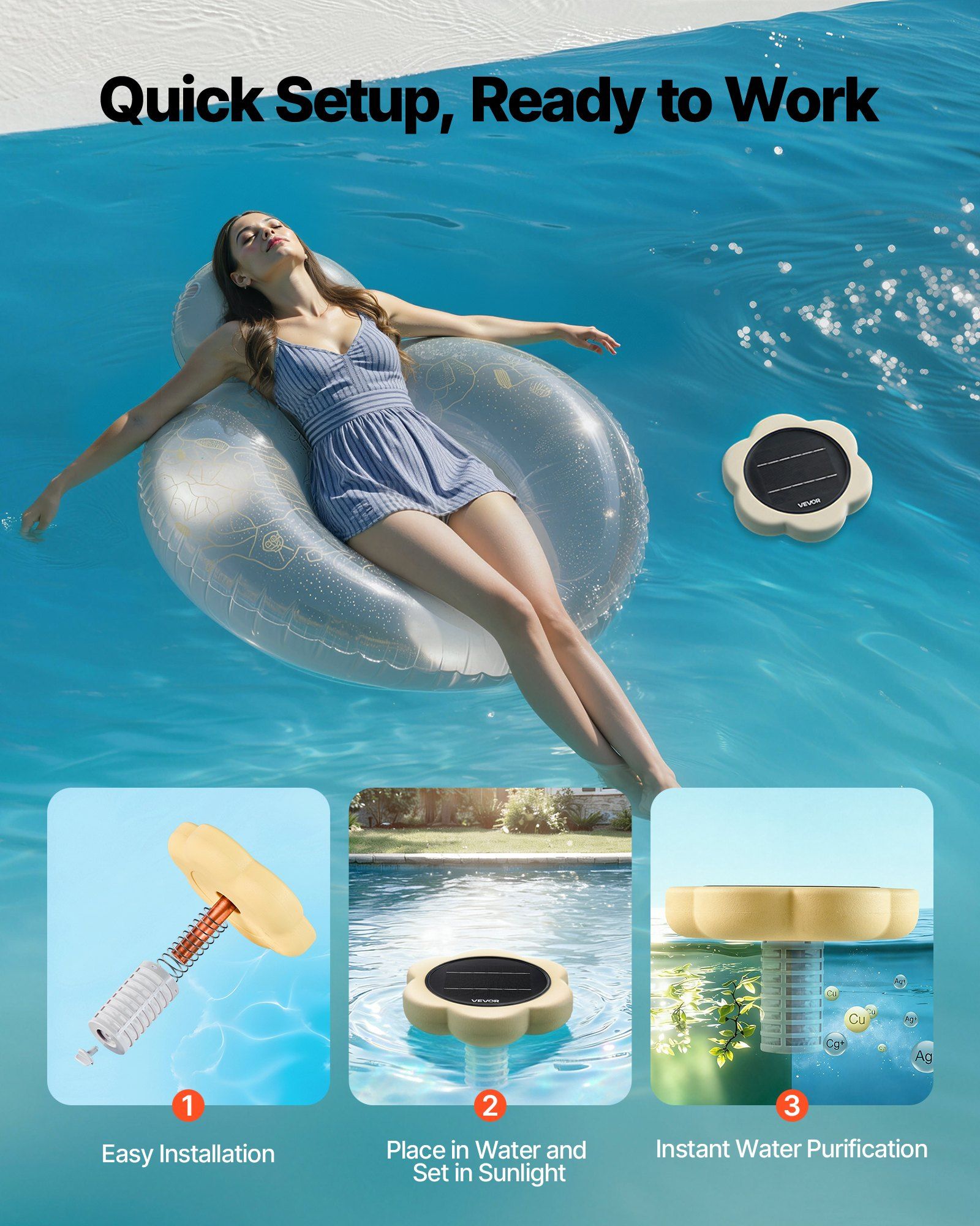 Solar Pool Ionizer, Petal Copper Pool Ionizer Up to 170343 L, Floating Automatic Water Cleaner and Purifier, Chlorine Free Water, with Copper Anode, Spring, Brush and Filter for Pools & Spas - Image 6