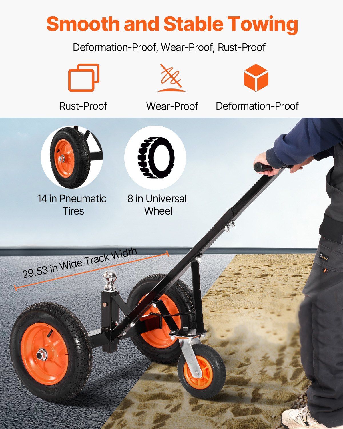 Trailer Dolly, 1000lbs Tongue Weight Capacity, Carbon Steel Trailer Mover with 2 inch Ball, 14 inch Pneumatic Tires, Portable Tow Dolly for Moving RV Trailer - Image 4