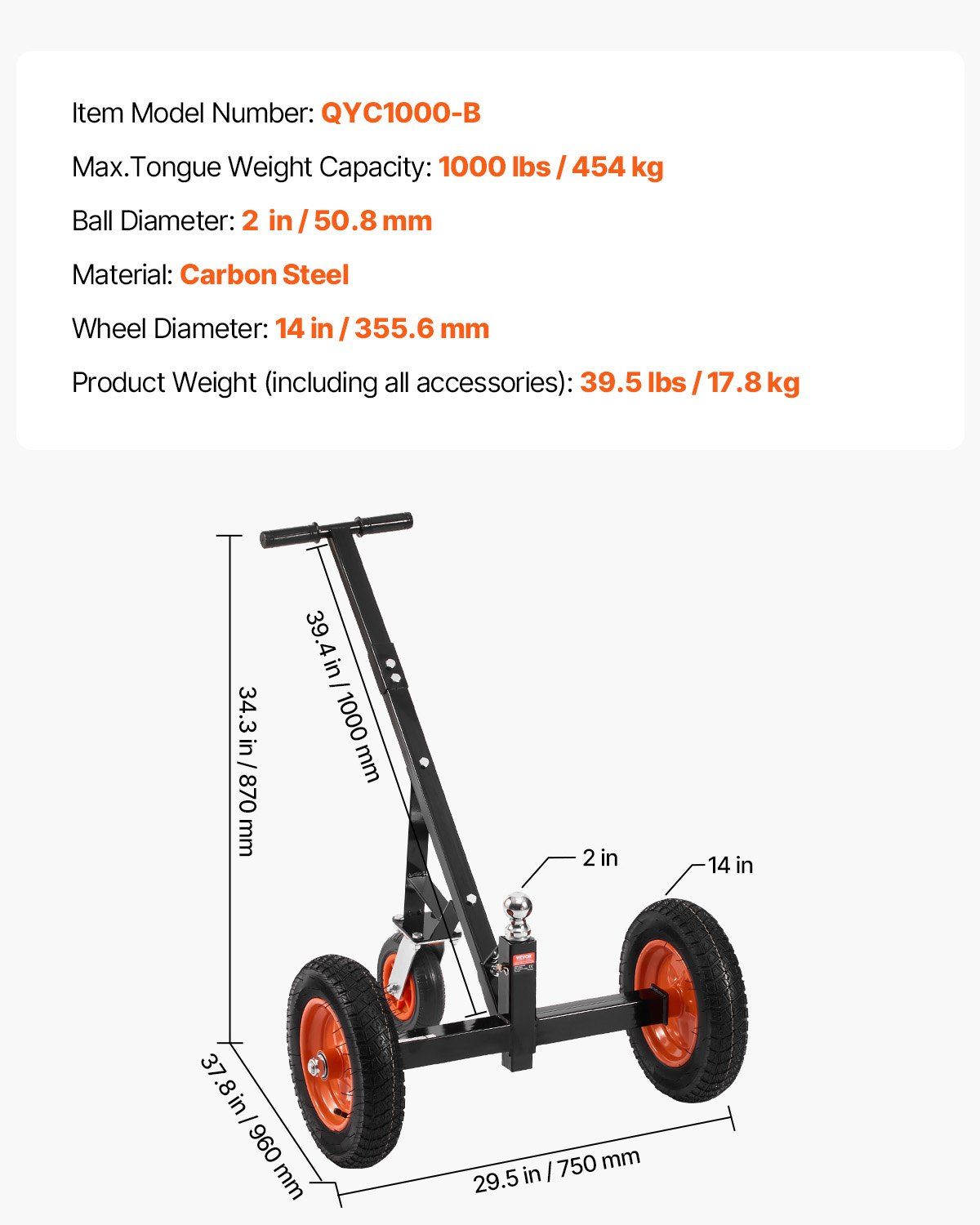 Trailer Dolly, 1000lbs Tongue Weight Capacity, Carbon Steel Trailer Mover with 2 inch Ball, 14 inch Pneumatic Tires, Portable Tow Dolly for Moving RV Trailer - Image 7