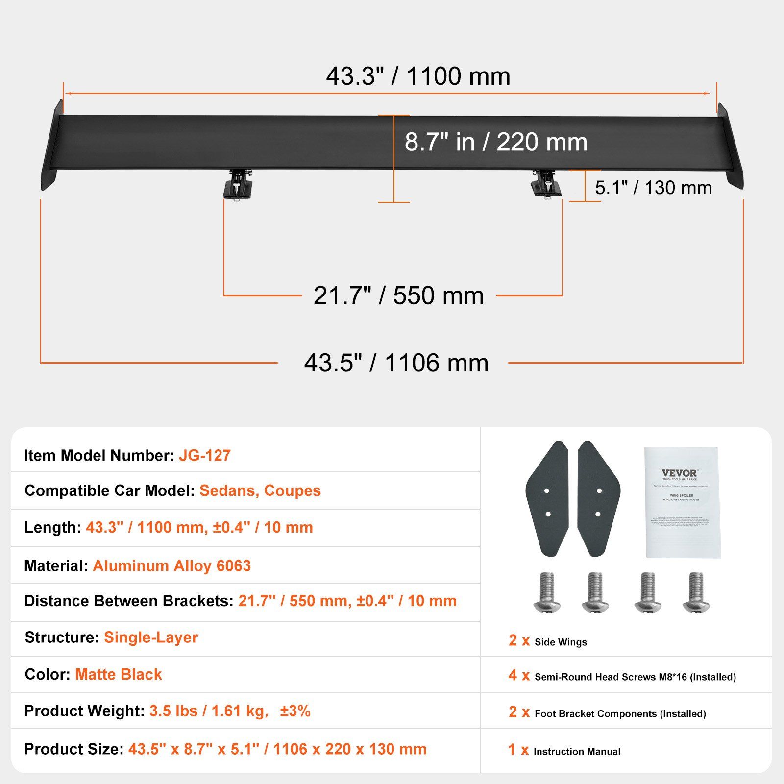 GT Wing Car Spoiler, 43.3 inch Universal Spoiler with Single Deck, Adjustable Lightweight Aluminum, Car Rear Spoiler Wing, Racing Spoiler BGW/JDM Drift Black - Image 7