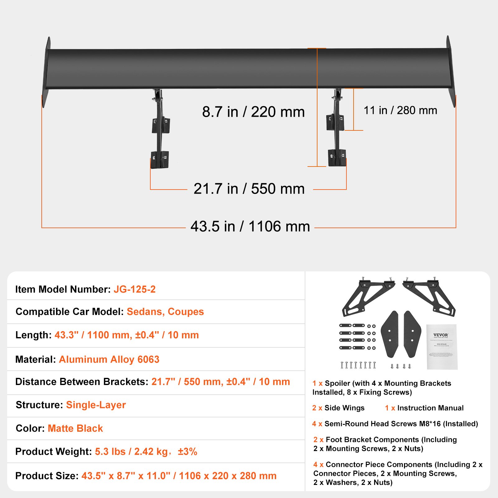 GT Wing Car Spoiler, 43.3 inch Universal Spoiler with Single Deck, Adjustable Lightweight Aluminum, Car Rear Spoiler Wing, Racing Spoiler BGW/JDM Drift Black - Image 7