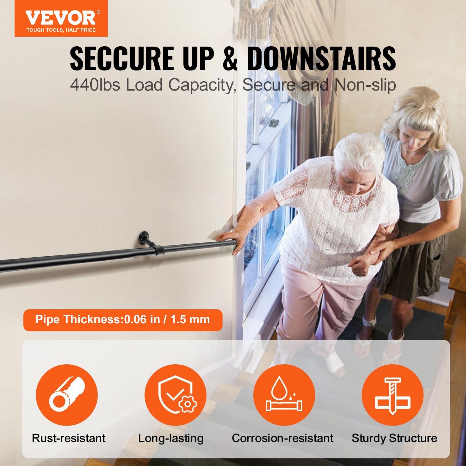 Pipe Stair Handrail, 7FT Staircase Handrail, 440LBS Load Capacity Carbon Steel Pipe Handrail, Industrial Pipe Handrail with Wall Mount Support, Round Corner Wall Handrailings for Indoor, Outdoor - Image 2