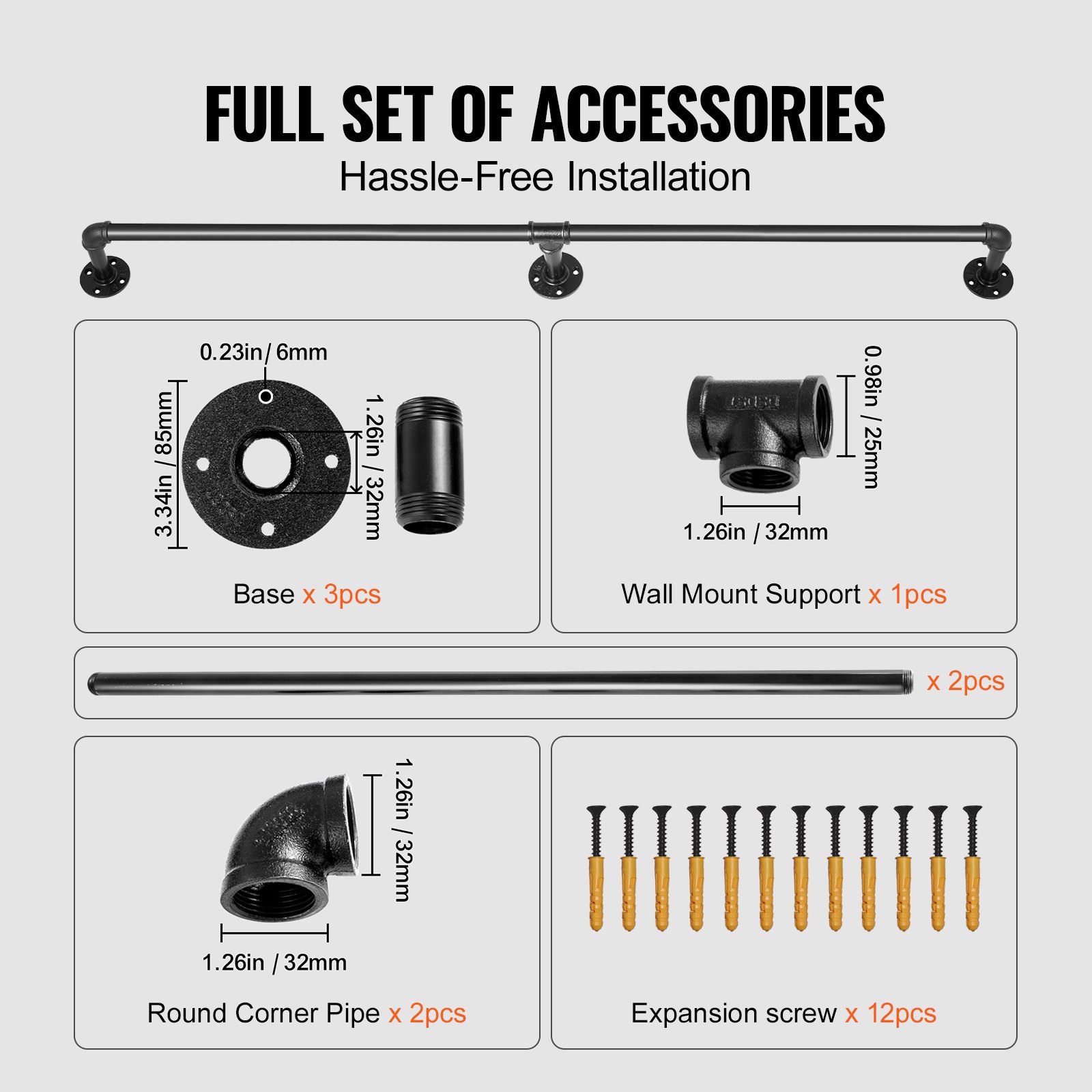 Pipe Stair Handrail, 7FT Staircase Handrail, 440LBS Load Capacity Carbon Steel Pipe Handrail, Industrial Pipe Handrail with Wall Mount Support, Round Corner Wall Handrailings for Indoor, Outdoor - Image 3