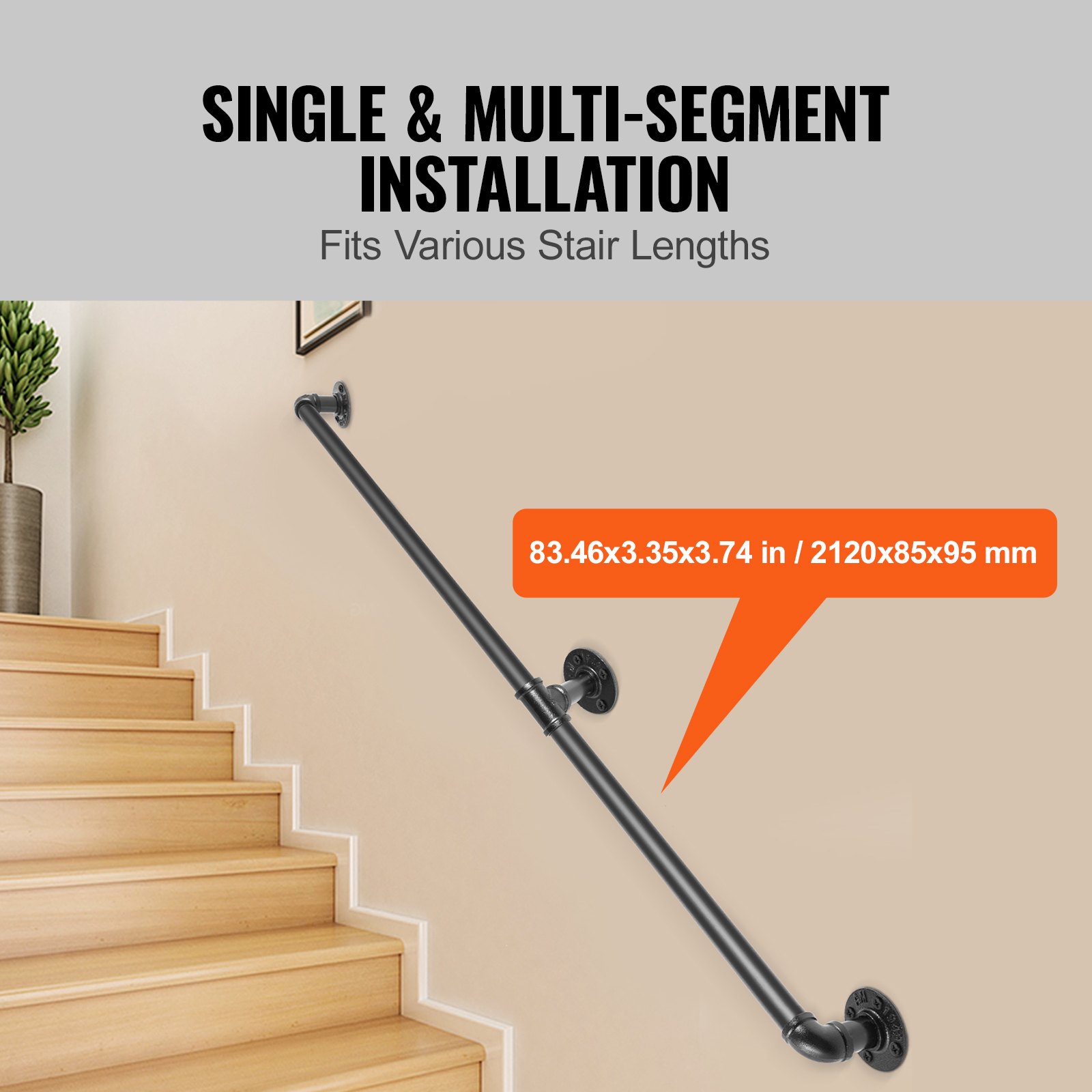 Pipe Stair Handrail, 7FT Staircase Handrail, 440LBS Load Capacity Carbon Steel Pipe Handrail, Industrial Pipe Handrail with Wall Mount Support, Round Corner Wall Handrailings for Indoor, Outdoor - Image 4