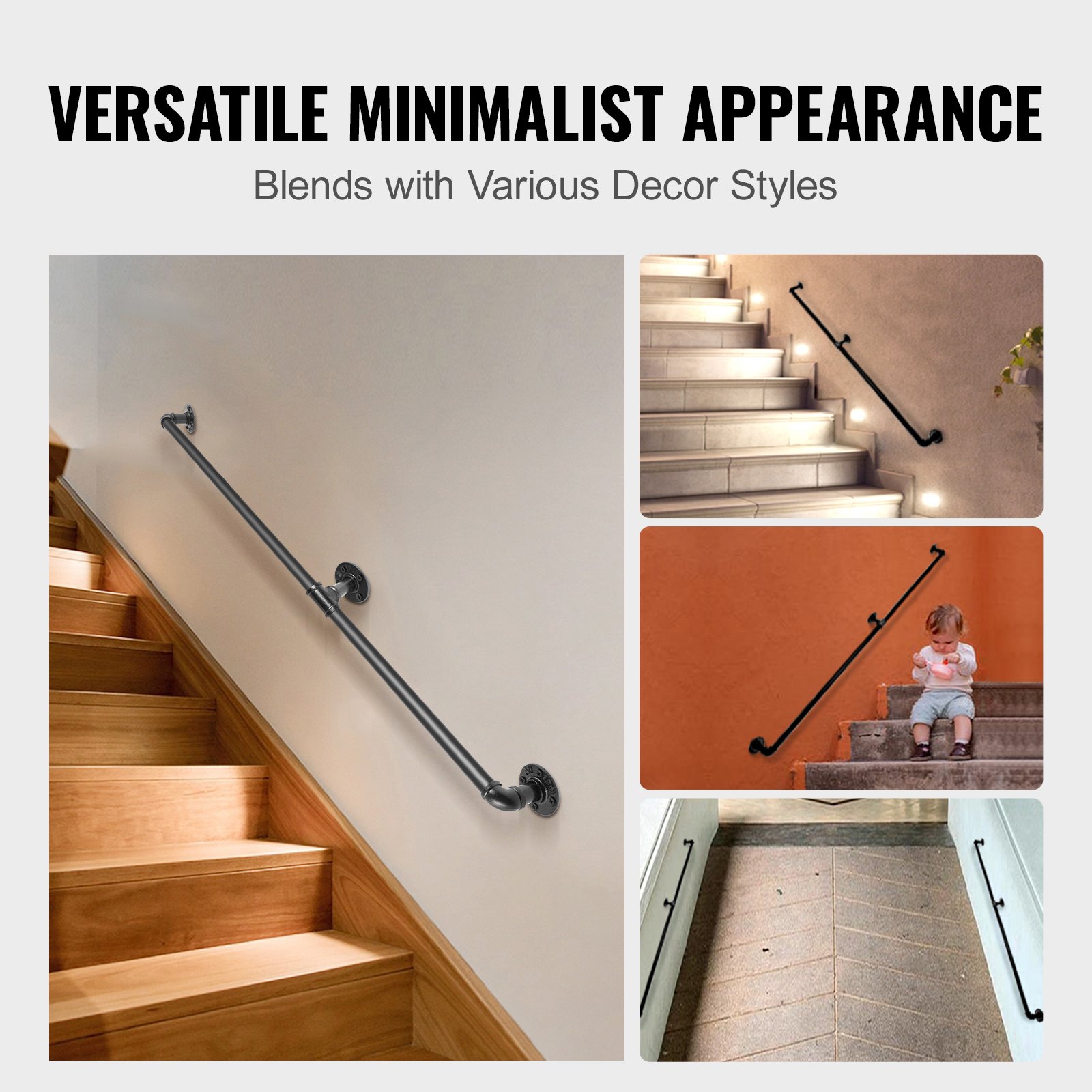 Pipe Stair Handrail, 7FT Staircase Handrail, 440LBS Load Capacity Carbon Steel Pipe Handrail, Industrial Pipe Handrail with Wall Mount Support, Round Corner Wall Handrailings for Indoor, Outdoor - Image 6