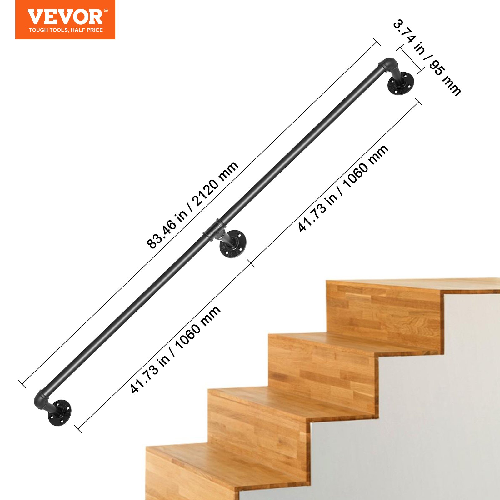 Pipe Stair Handrail, 7FT Staircase Handrail, 440LBS Load Capacity Carbon Steel Pipe Handrail, Industrial Pipe Handrail with Wall Mount Support, Round Corner Wall Handrailings for Indoor, Outdoor - Image 7