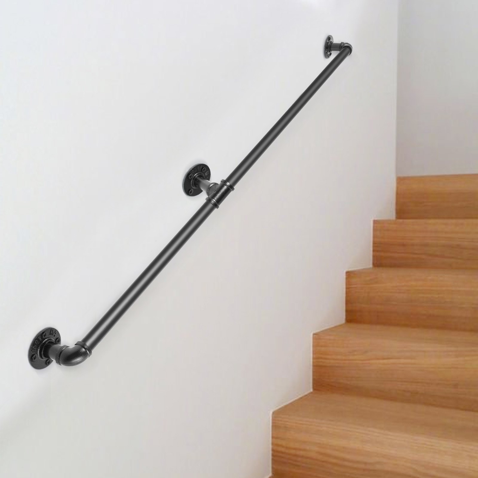 Pipe Stair Handrail, 7FT Staircase Handrail, 440LBS Load Capacity Carbon Steel Pipe Handrail, Industrial Pipe Handrail with Wall Mount Support, Round Corner Wall Handrailings for Indoor, Outdoor - Image 8