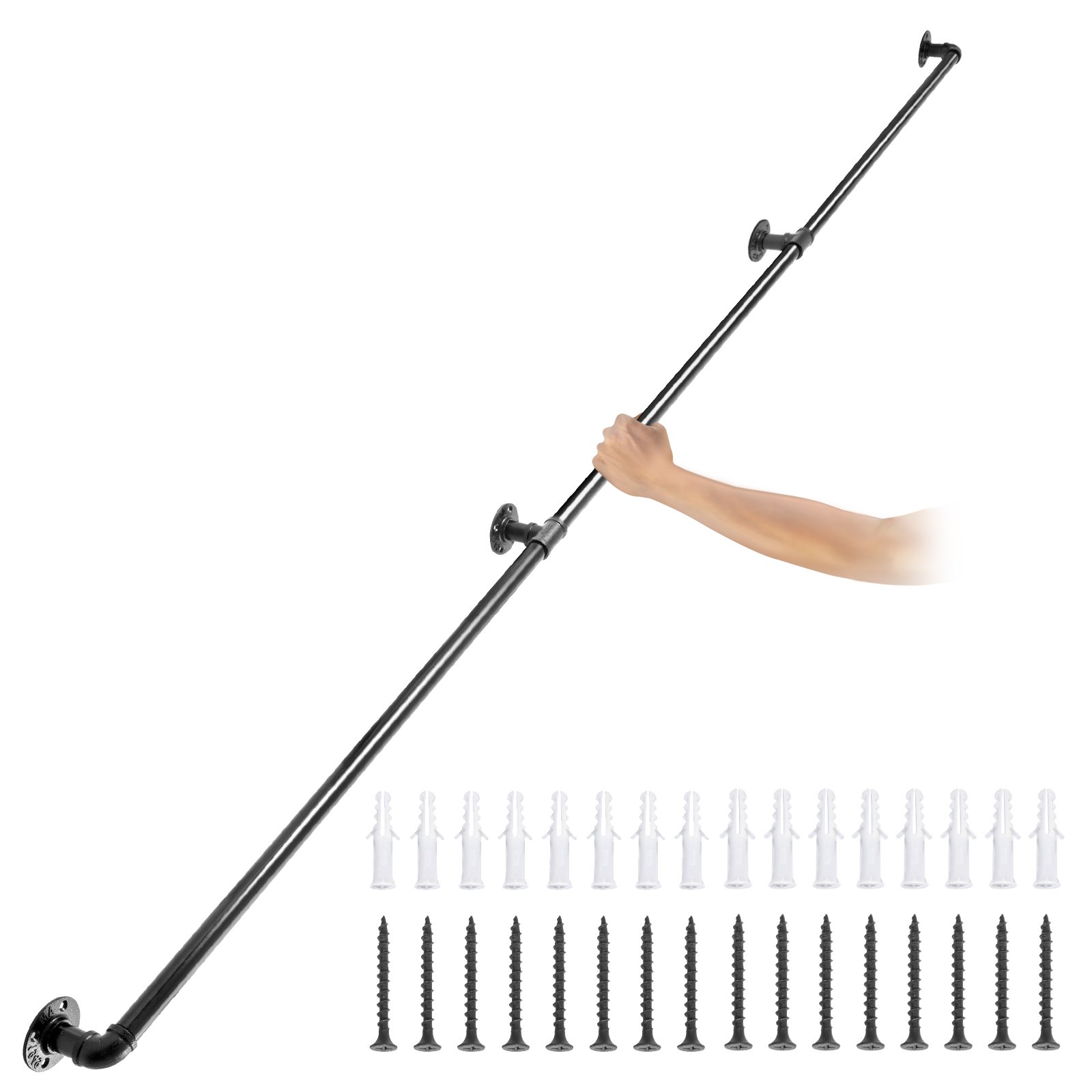 Pipe Stair Handrail, 9FT Staircase Handrail, 440LBS Load Capacity Carbon Steel Pipe Handrail, Industrial Pipe Handrail with Wall Mount Support, Round Corner Wall Handrailings for Indoor, Outdoor - Image 1