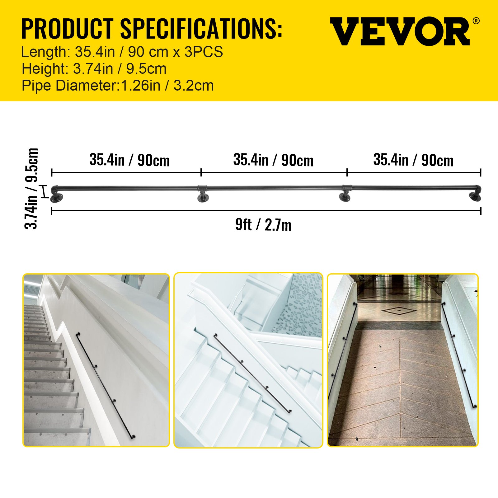 Pipe Stair Handrail, 9FT Staircase Handrail, 440LBS Load Capacity Carbon Steel Pipe Handrail, Industrial Pipe Handrail with Wall Mount Support, Round Corner Wall Handrailings for Indoor, Outdoor - Image 7