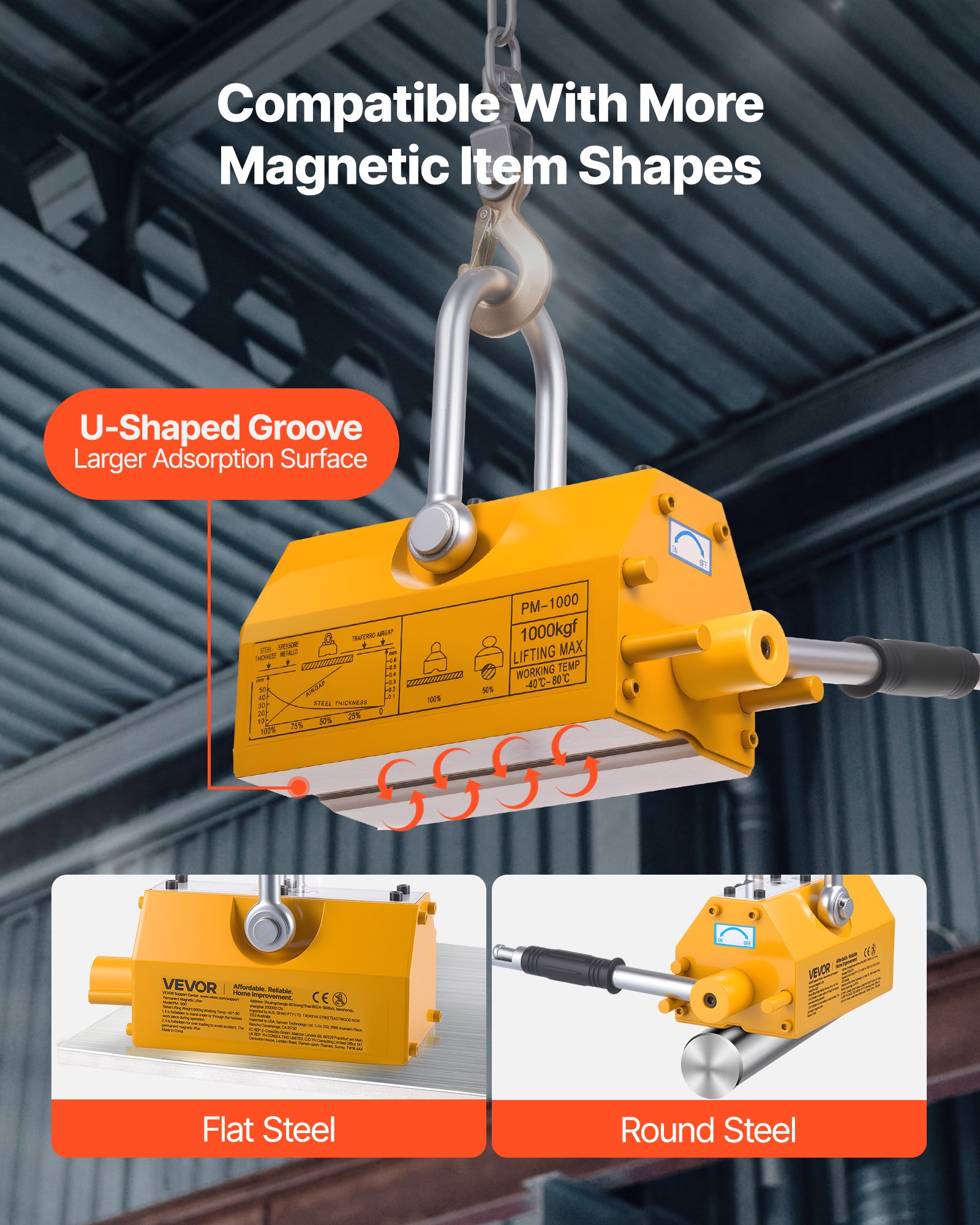 Permanent Magnetic Lifter, 1000 kg Pulling Capacity, Heavy Duty N42 Neodymium Lifting Magnet with Release Handle and Steel Hook, Used in Shop Crane and Hoist, for Lifting Plate Steel, Board - Image 6