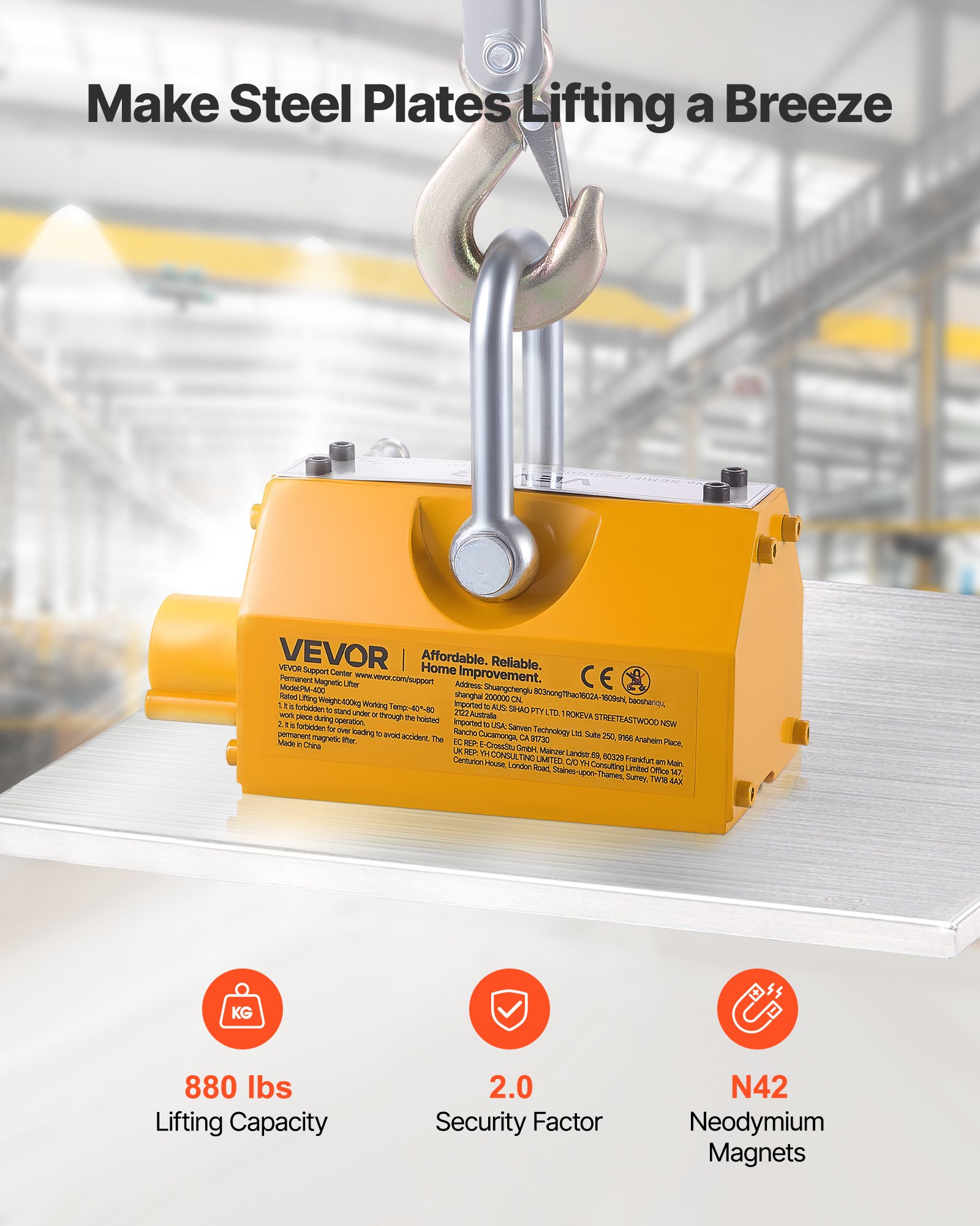 Permanent Magnetic Lifter, 400 kg Pulling Capacity, Heavy Duty N42 Neodymium Lifting Magnet with Release Handle and Steel Hook, Used in Shop Crane and Hoist, for Lifting Plate Steel, Board - Image 2
