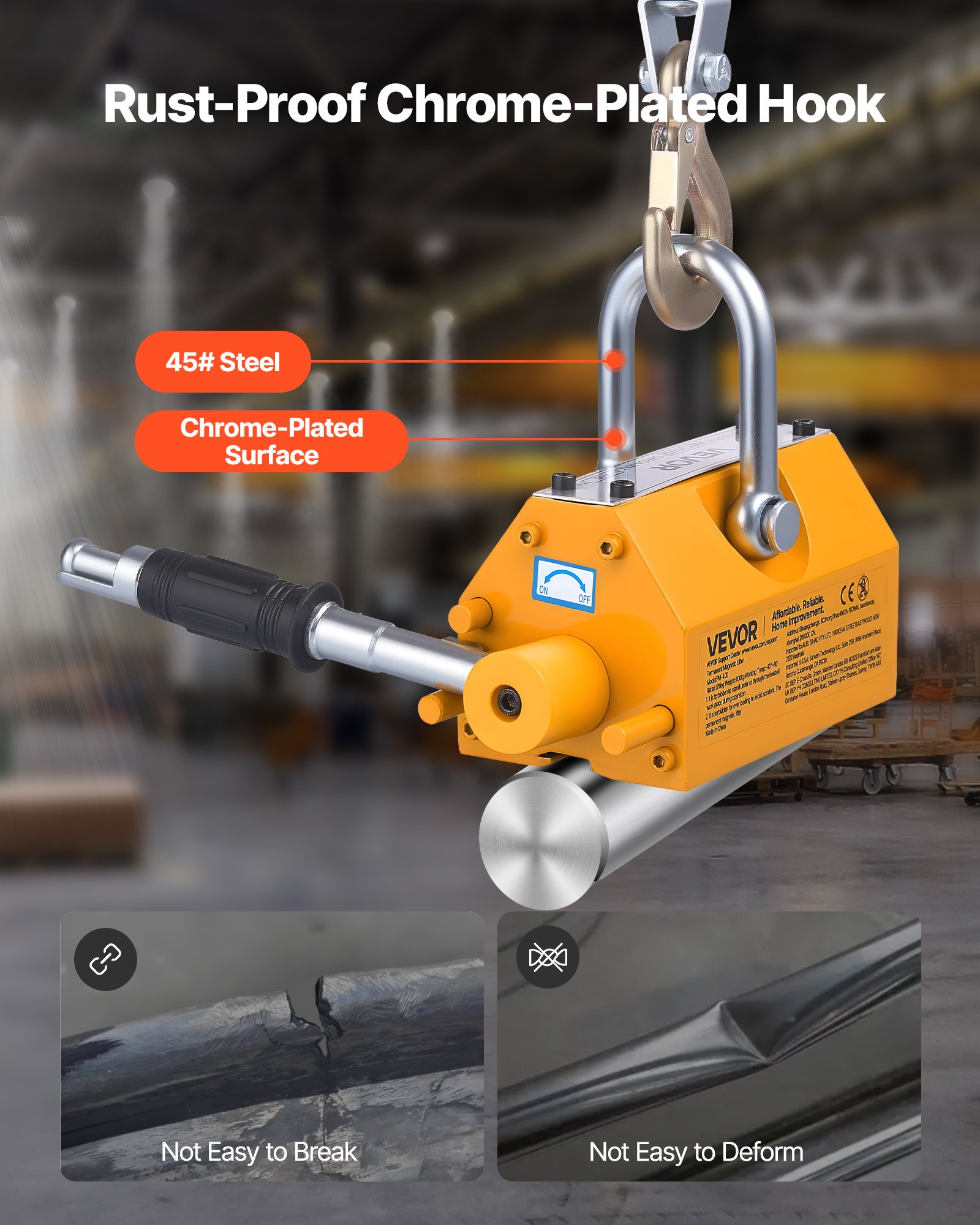 Permanent Magnetic Lifter, 400 kg Pulling Capacity, Heavy Duty N42 Neodymium Lifting Magnet with Release Handle and Steel Hook, Used in Shop Crane and Hoist, for Lifting Plate Steel, Board - Image 4