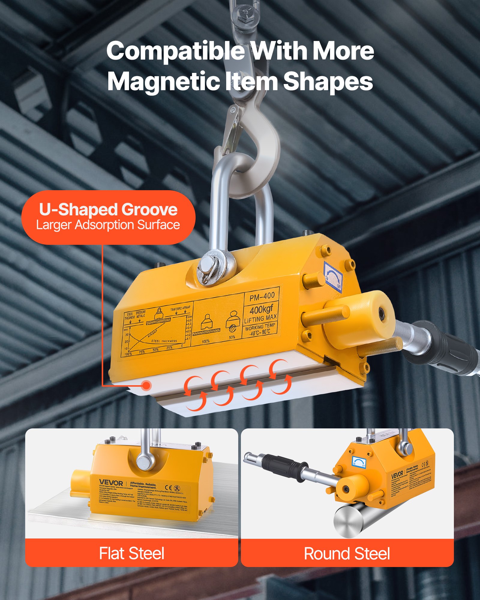 Permanent Magnetic Lifter, 400 kg Pulling Capacity, Heavy Duty N42 Neodymium Lifting Magnet with Release Handle and Steel Hook, Used in Shop Crane and Hoist, for Lifting Plate Steel, Board - Image 6