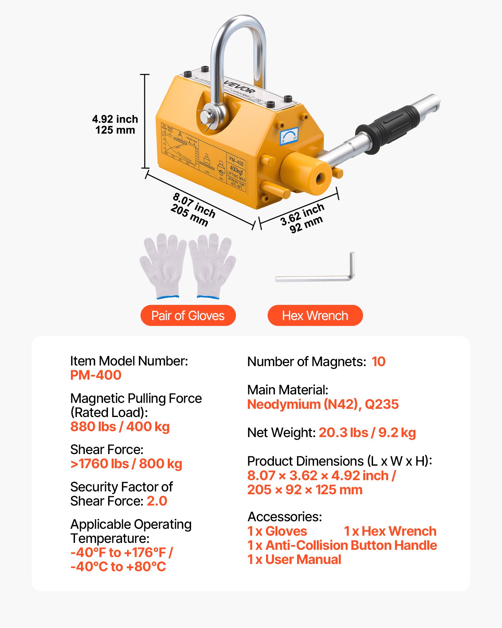 Permanent Magnetic Lifter, 400 kg Pulling Capacity, Heavy Duty N42 Neodymium Lifting Magnet with Release Handle and Steel Hook, Used in Shop Crane and Hoist, for Lifting Plate Steel, Board - Image 7