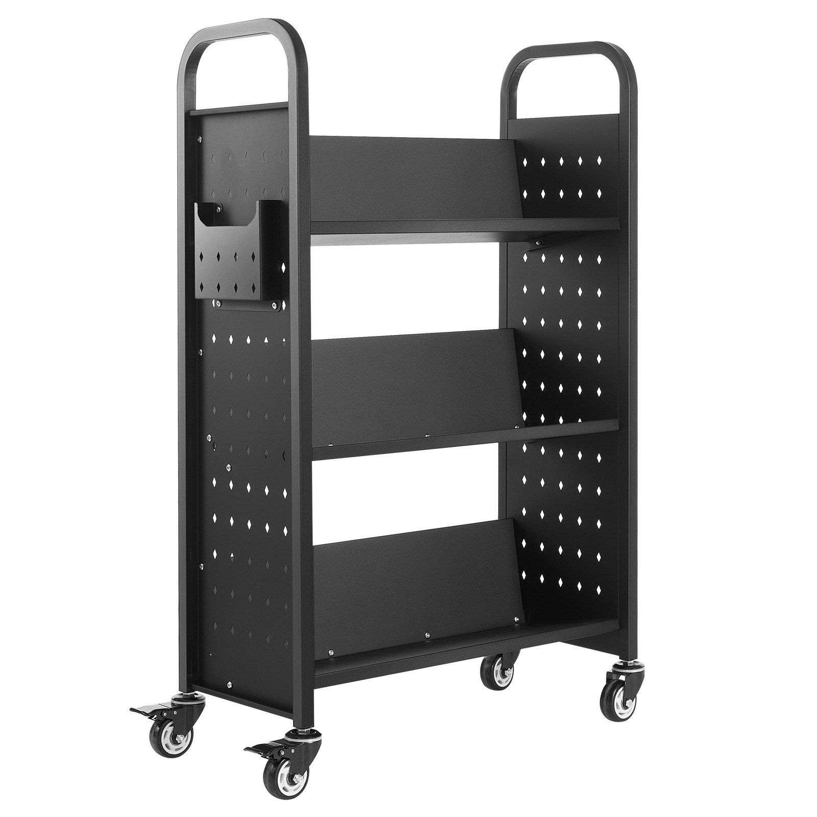 Rolling Library Book Cart, 150 kg Capacity, 77 x 38 x 122 cm Library Cart, Single Sided V-Shaped Shelves with 76.2 mm Lockable Wheels, Book Truck for Home Shelves Office and School, Black - Image 1