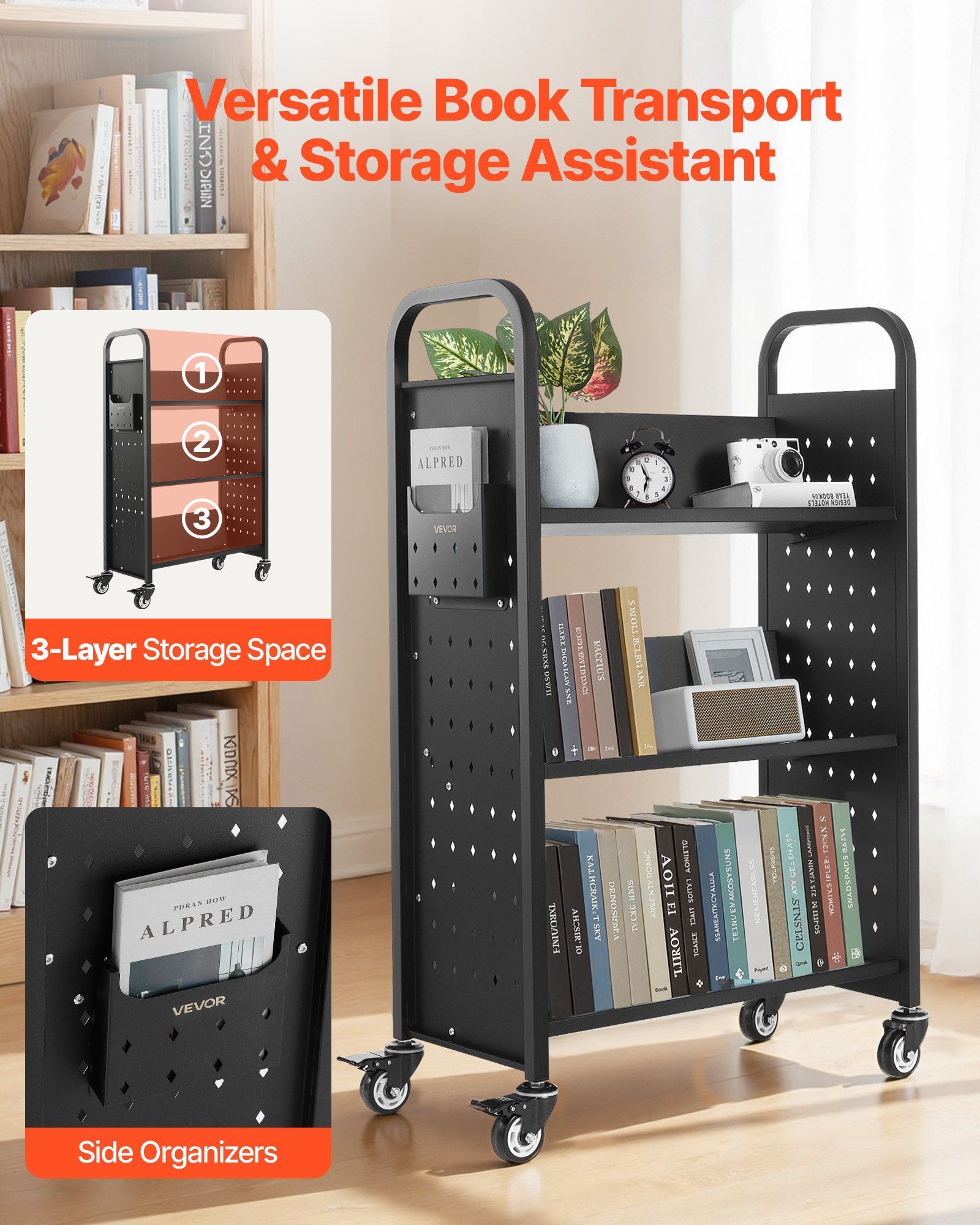 Rolling Library Book Cart, 150 kg Capacity, 77 x 38 x 122 cm Library Cart, Single Sided V-Shaped Shelves with 76.2 mm Lockable Wheels, Book Truck for Home Shelves Office and School, Black - Image 2
