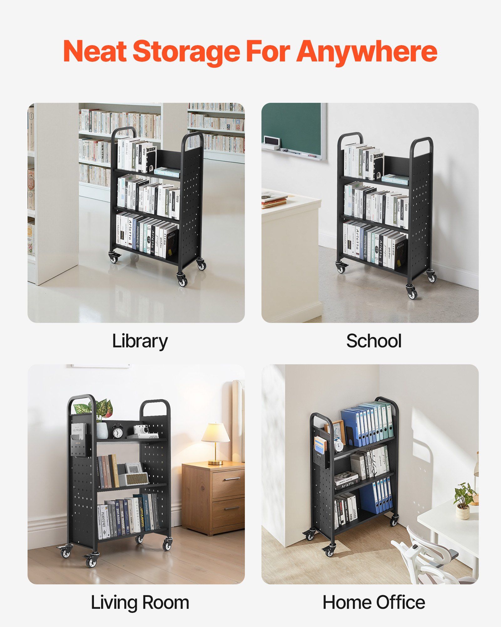 Rolling Library Book Cart, 150 kg Capacity, 77 x 38 x 122 cm Library Cart, Single Sided V-Shaped Shelves with 76.2 mm Lockable Wheels, Book Truck for Home Shelves Office and School, Black - Image 6