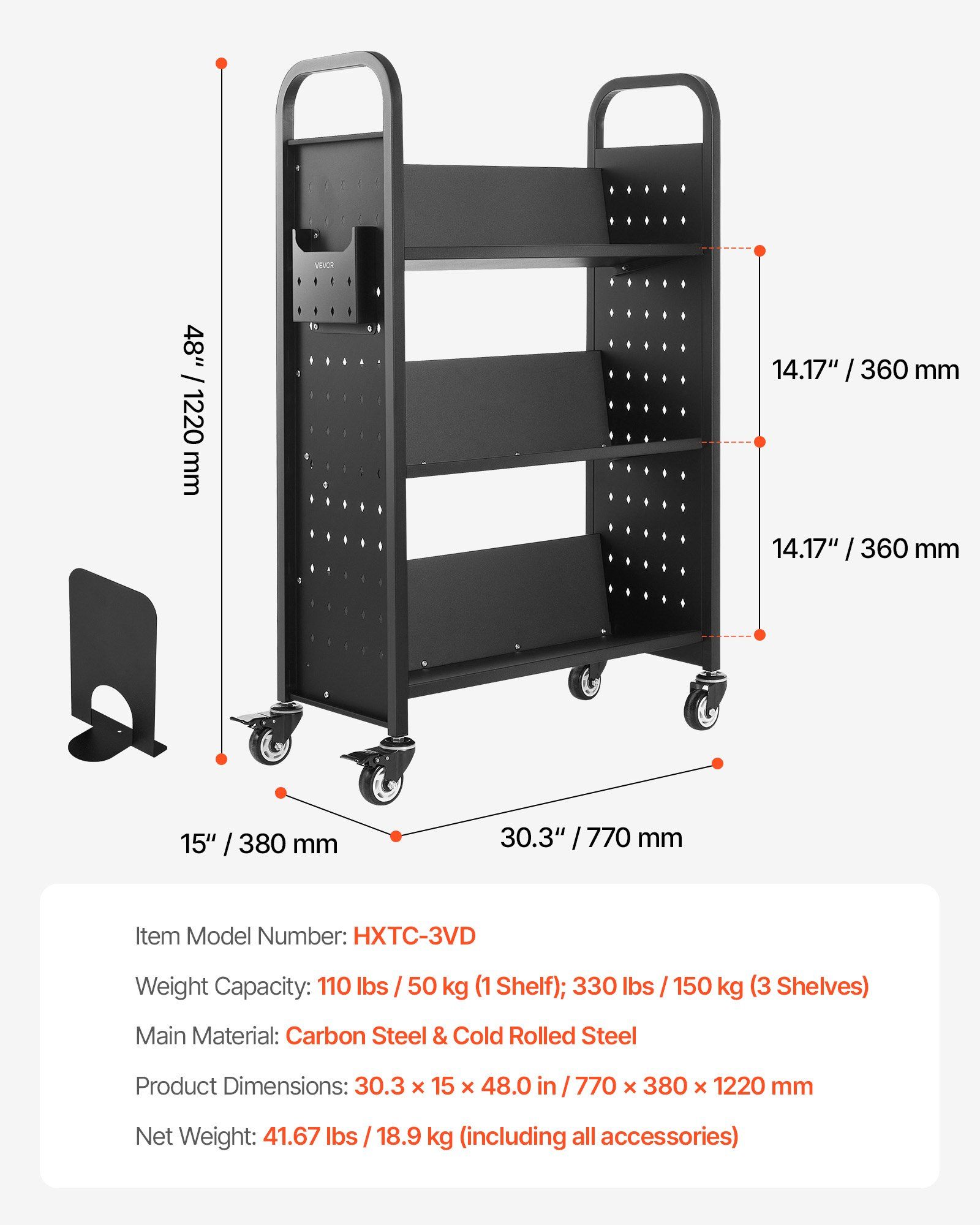 Rolling Library Book Cart, 150 kg Capacity, 77 x 38 x 122 cm Library Cart, Single Sided V-Shaped Shelves with 76.2 mm Lockable Wheels, Book Truck for Home Shelves Office and School, Black - Image 7