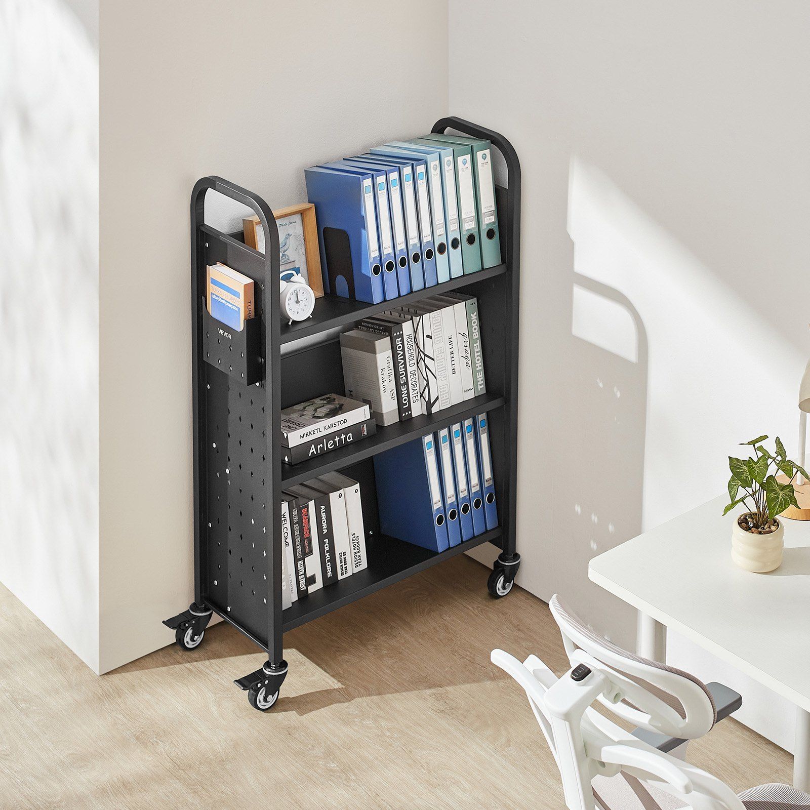 Rolling Library Book Cart, 150 kg Capacity, 77 x 38 x 122 cm Library Cart, Single Sided V-Shaped Shelves with 76.2 mm Lockable Wheels, Book Truck for Home Shelves Office and School, Black - Image 8