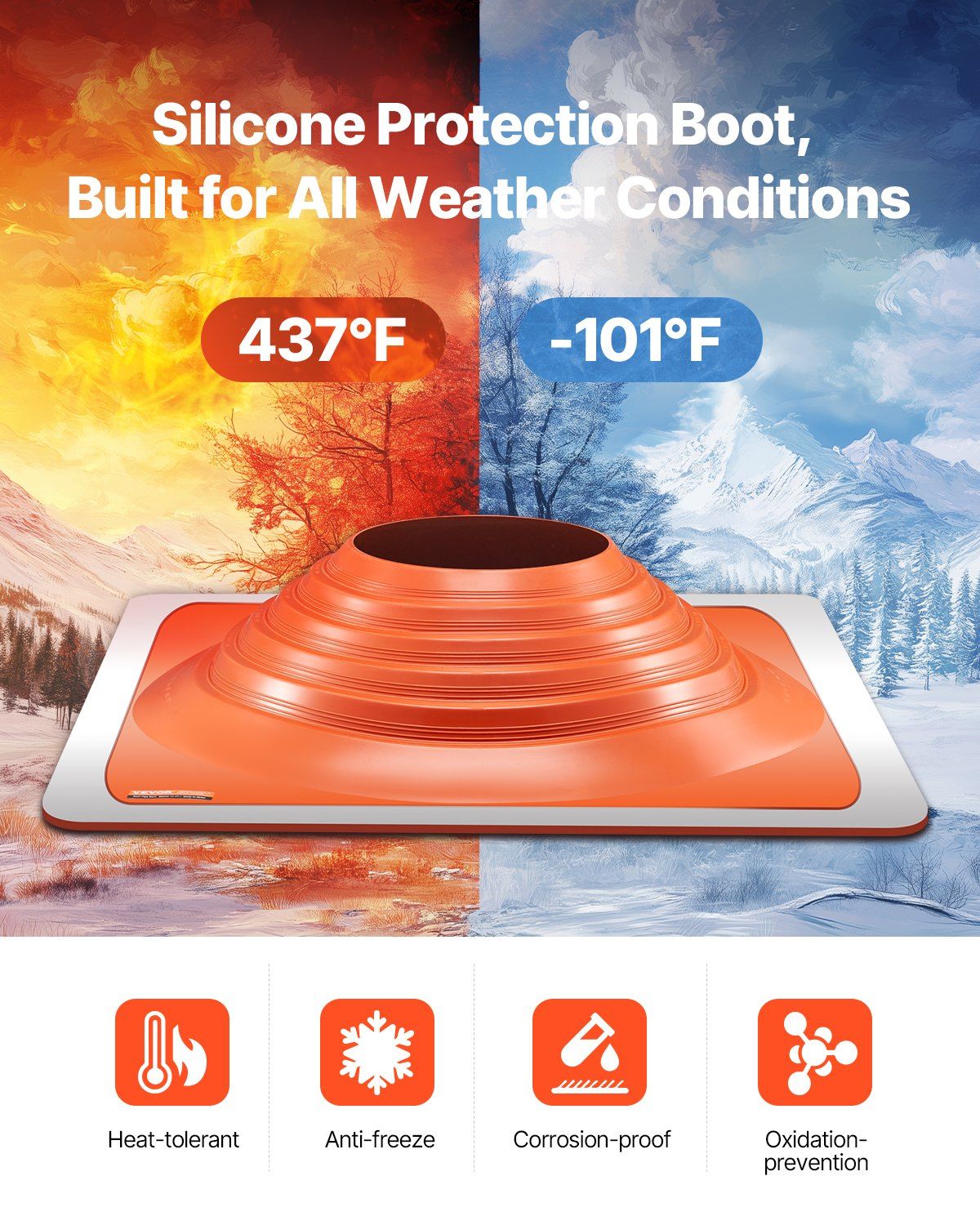 Roof Pipe Flashing Boot, Fit Pipe OD 254 to 457 mm, Flexible Silicone Roofing Jack Pipe Flashing, High Temp -74℃ to 225℃, Lasting Square Metal Base, for Chimney, Wood Stove & Outdoor Vent Pipes - Image 3