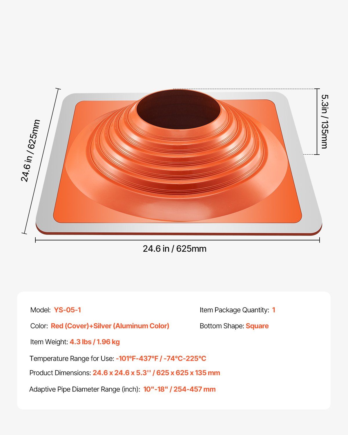 Roof Pipe Flashing Boot, Fit Pipe OD 254 to 457 mm, Flexible Silicone Roofing Jack Pipe Flashing, High Temp -74℃ to 225℃, Lasting Square Metal Base, for Chimney, Wood Stove & Outdoor Vent Pipes - Image 7