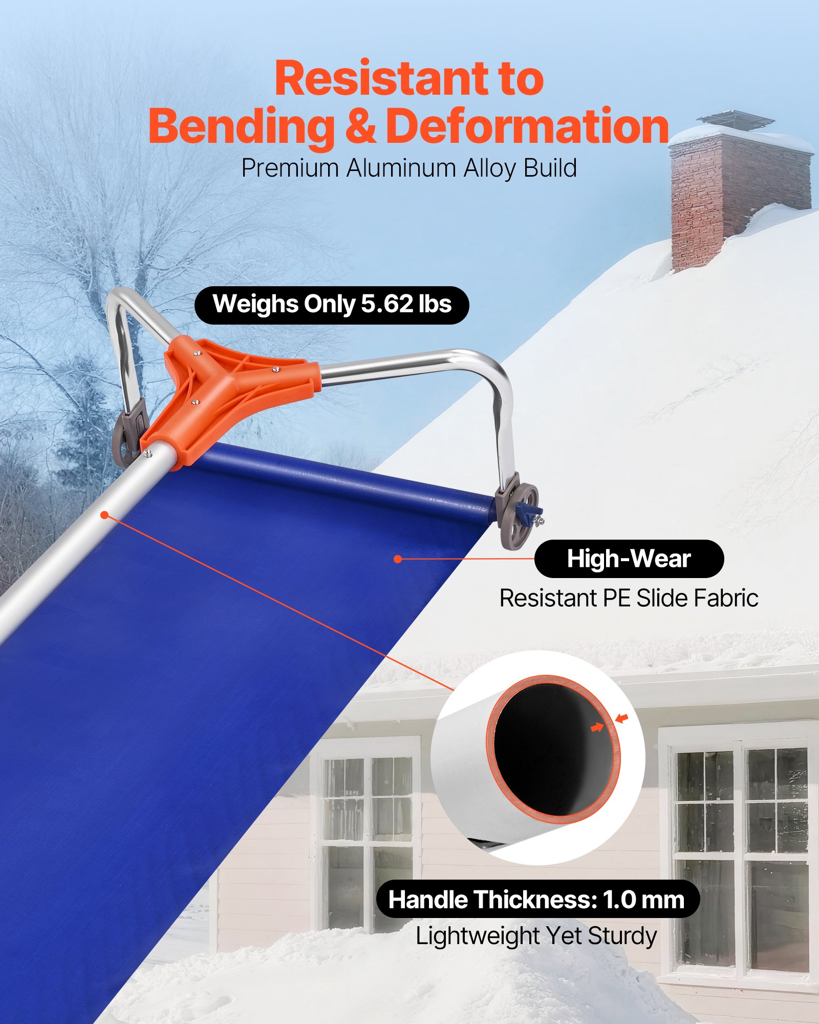 Snow Roof Rake, 27cm Aluminum Blade, 1.25-5.24 m Adjustable Roof Snow Scraper with Wheels & Slide, Lightweight Snows Removal Tool for House Rooftop Leaves Debris Clearing - Image 3