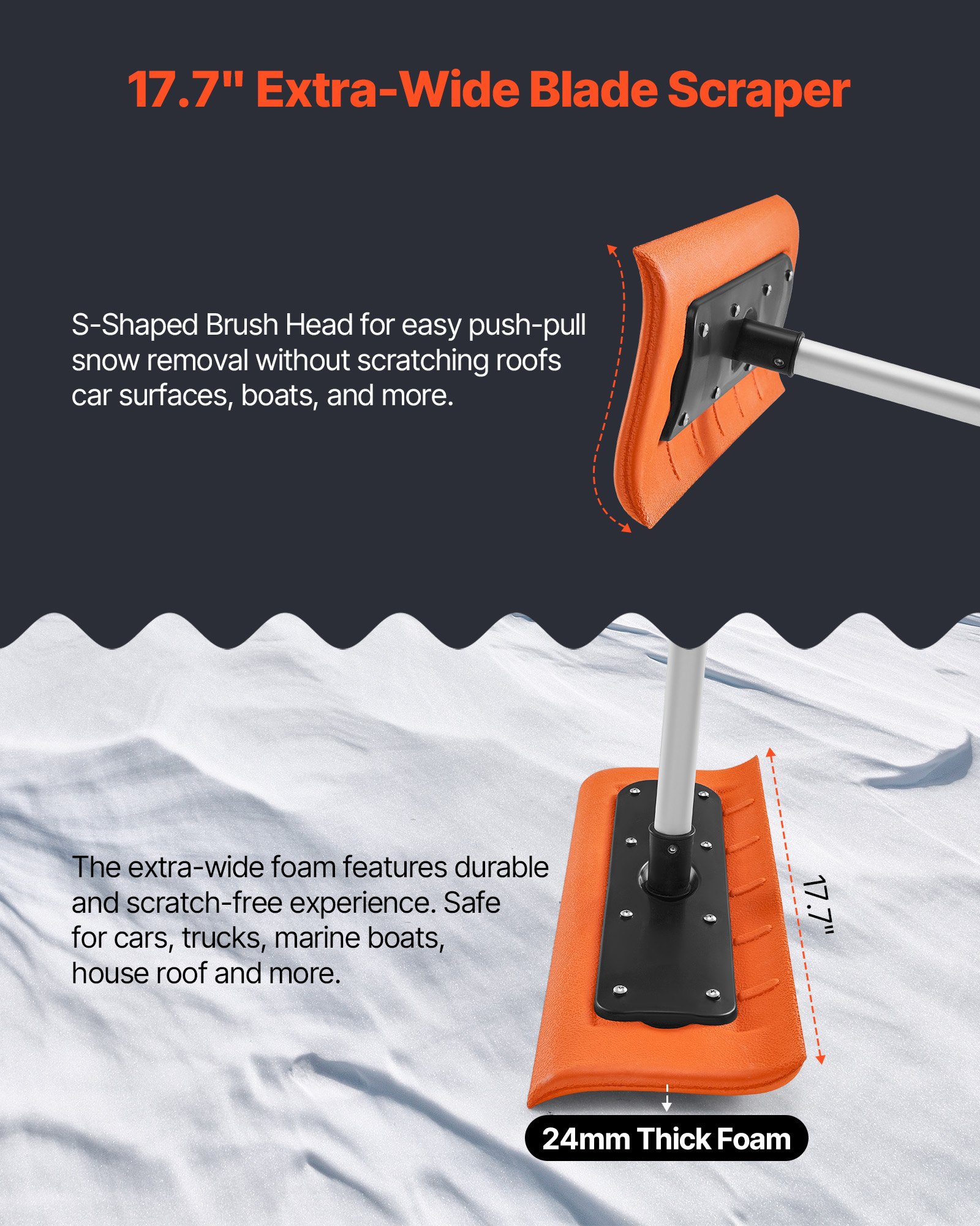 Snow Roof Rake, 45cm Foam Blade, 2.25-5.62 m Adjustable Roof Snow Scraper, Extension Tubes & Non-Slip Handle, Lightweight Snows Removal Tool for House Leaves Debris Clearing - Image 2