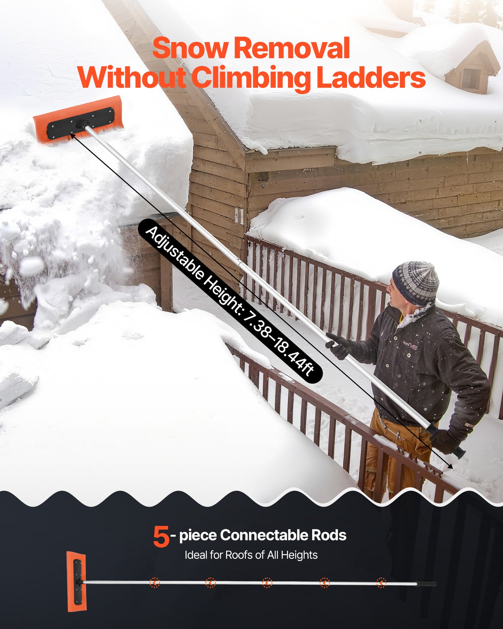 Snow Roof Rake, 45cm Foam Blade, 2.25-5.62 m Adjustable Roof Snow Scraper, Extension Tubes & Non-Slip Handle, Lightweight Snows Removal Tool for House Leaves Debris Clearing - Image 4