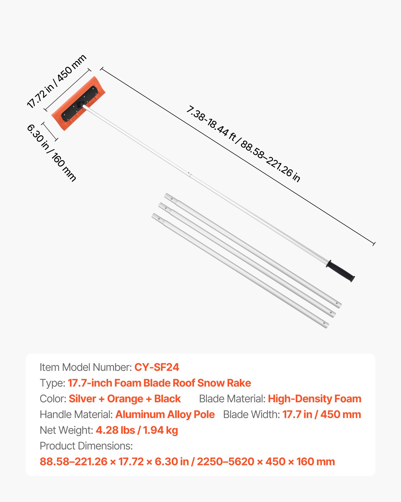 Snow Roof Rake, 45cm Foam Blade, 2.25-5.62 m Adjustable Roof Snow Scraper, Extension Tubes & Non-Slip Handle, Lightweight Snows Removal Tool for House Leaves Debris Clearing - Image 7