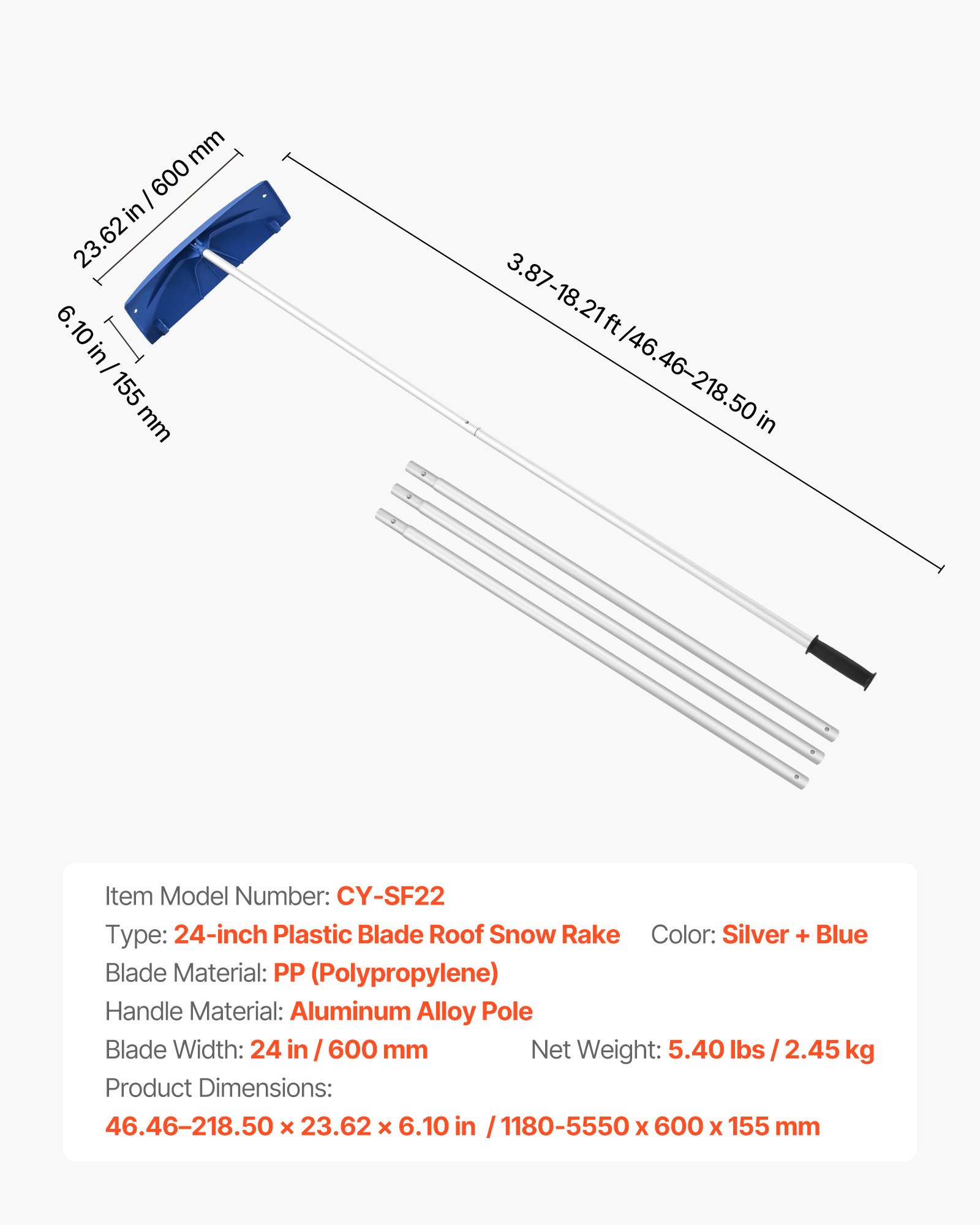 Snow Roof Rake, 60cm PP Plastic Blade, 1.18-5.55 m Adjustable Roof Snow Scraper with Wheels, Anti-Slip Handle Snows Removal Tool, Lightweight House Rooftop Rake for Leaves Debris Removal - Image 7